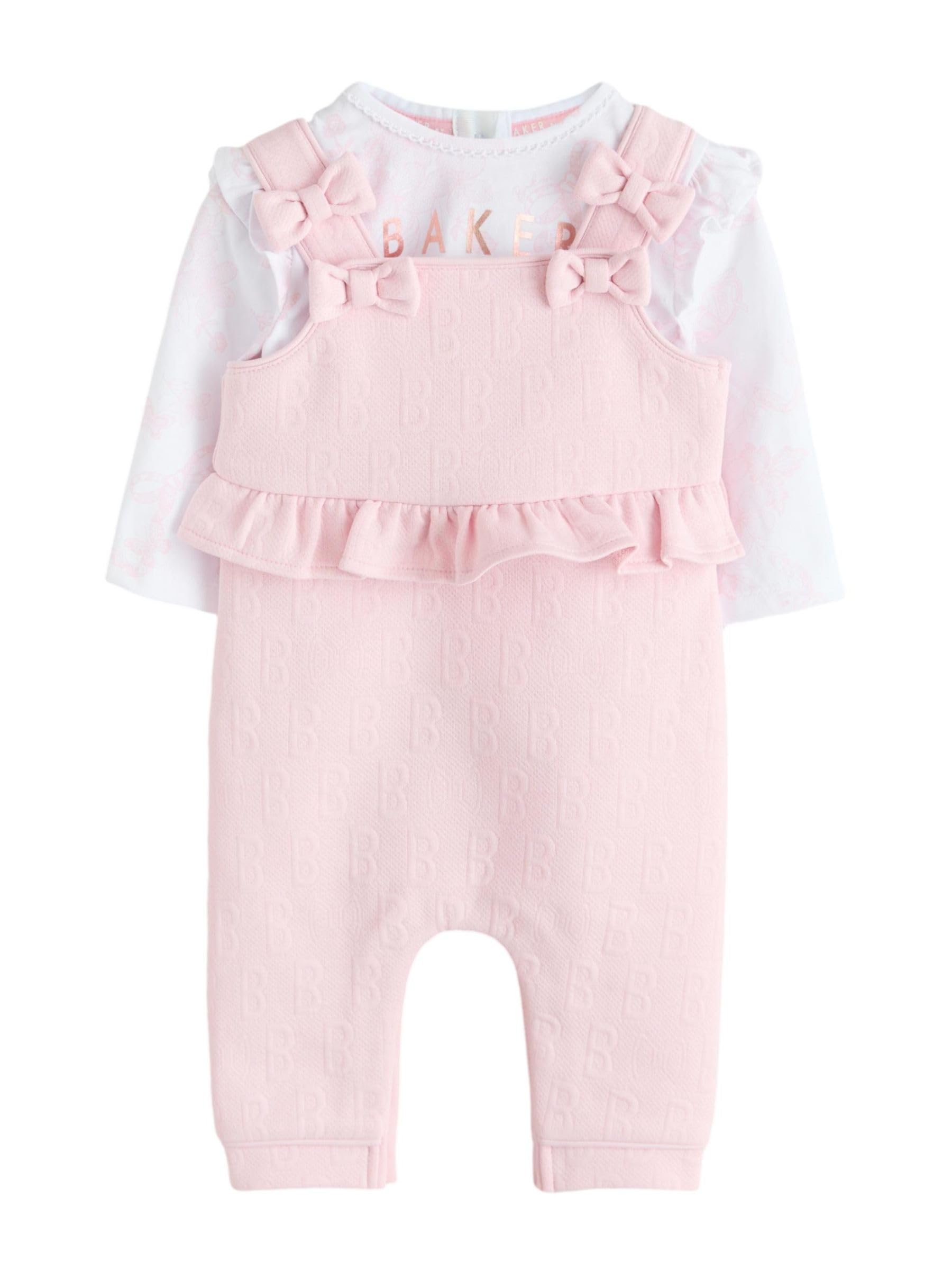Baby Mädchen Jacquard-Latzhose mit Schleife und T-Shirt im 2-teiligen Set