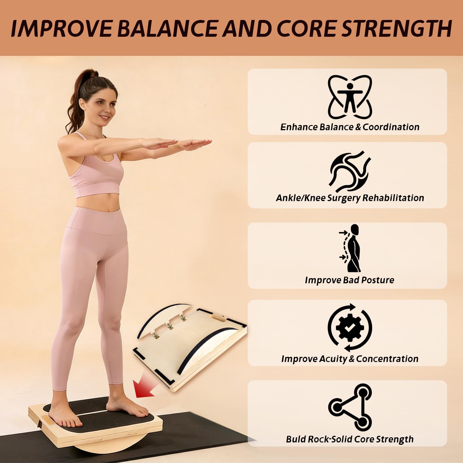 Planche d'équilibre en bois - Étirement du mollet réglable - Planche d'équilibre pour la physiothérapie, les squats, l'étirement musculaire, le yoga, l'entraînement, l'entraînement à la maison