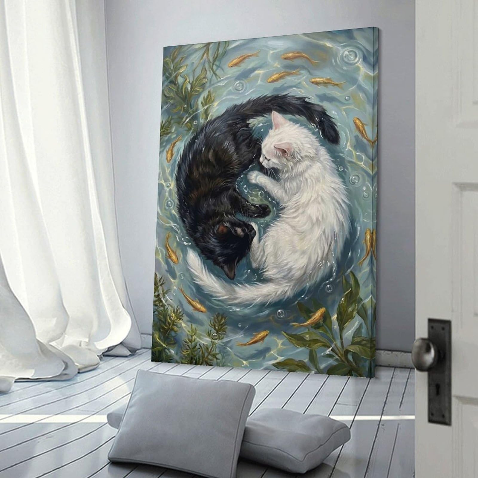 Junmoney Room Decor Wall Art Yin Yang Cats And Goldfish Painting, 16x24inch(40x60cm), for Workspace Walls, Study Corners Or Bedrooms, A Smart Decor Choice for Study Walls