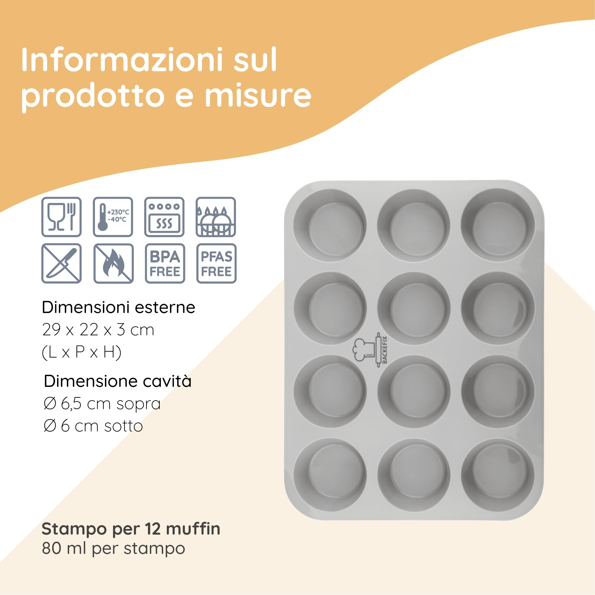Backefix teglia per muffin in silicone 12 Flexi – stampo per muffin con 12 cavità, 80 ml ciascuna, antiaderente, senza pirottini, silicone platino, senza BPA & PFAS, lavabile in lavastoviglie, grigio
