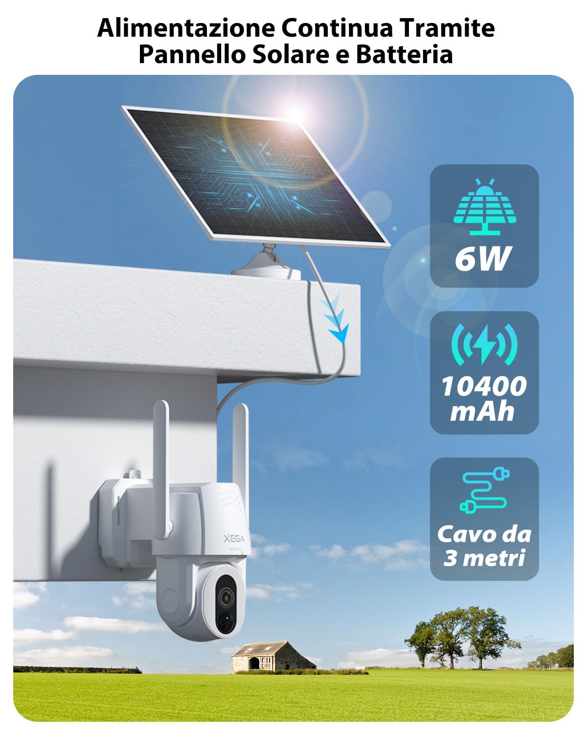 Xega Telecamera Esterno 4G LTE con Pannello Solare con SIM, Senza Wifi, 2K | Circolare 500 Lumen, Audio bidirezionale, Visione notturna colori,IP66, PTZ,Videocamera Senza Fili, Abbonamento pagante