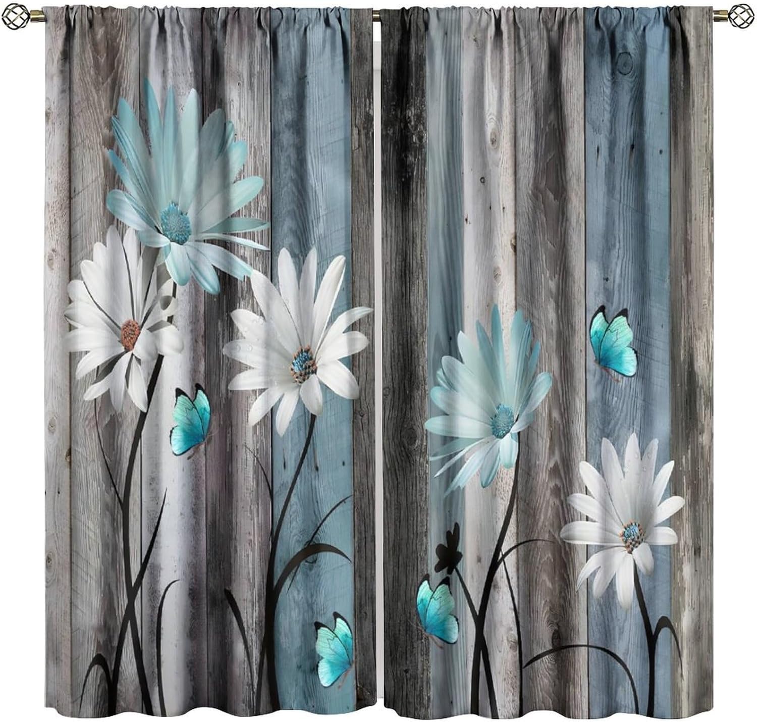 Rustic Eucalyptus Leaves Kitchen Curtains,Plants Farmhouse Country Botanical Wooden Board Farm Nature art Pattern Print Bedroom Living Room Rod Pocket Window Drapes 2 Panels W42xL45 Inch Blackout