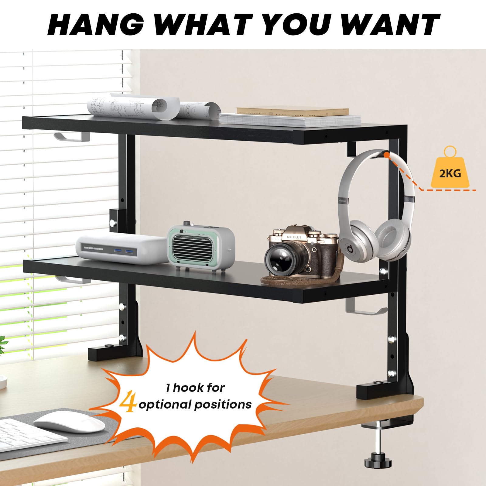 PUTORSEN 24-Zoll Clamp-on Schreibtisch Organizer - 2 Tier Schreibtisch Regal DIY Regal unter Schreibtisch für Gaming-Geräte, Tischzubehör und mehr, Schwarz