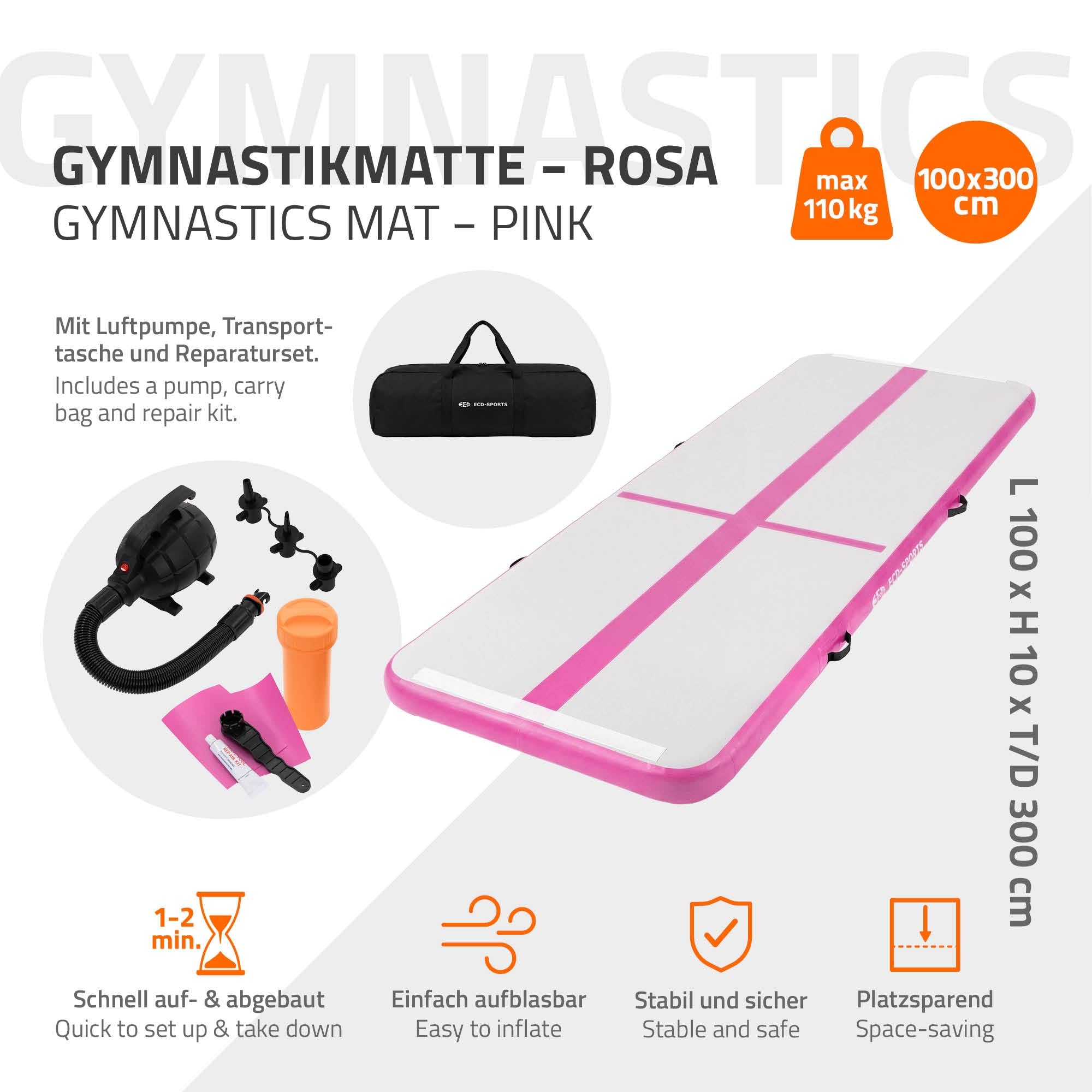 ECD Germany Aufblasbare Gymnastikmatte Turnmatte Airtrack 3m/4m/5m, Rosa/Mint-Grün, Tumbling Matte Air Matte Track Trainingsmatte Sportmatte Fitnessmatte Yogamatte mit Tragetasche & elektr. Luftpumpe
