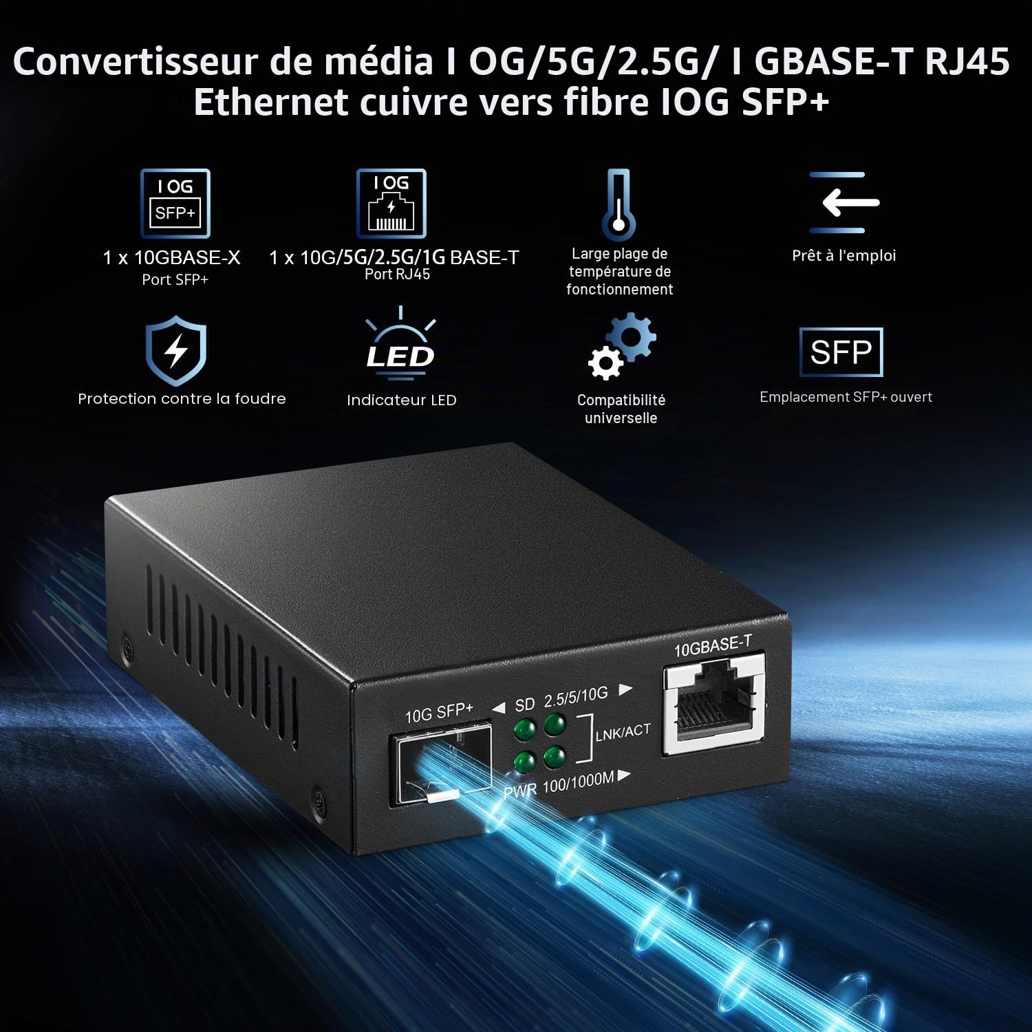 Binardat 10G Fiber Media Coverter, 2 ports 10 Gigabit Ethernet, 1 port RJ45 10G, 1 port SFP 10G, mini boîtier en métal sans ventilateur, plug and play non géré