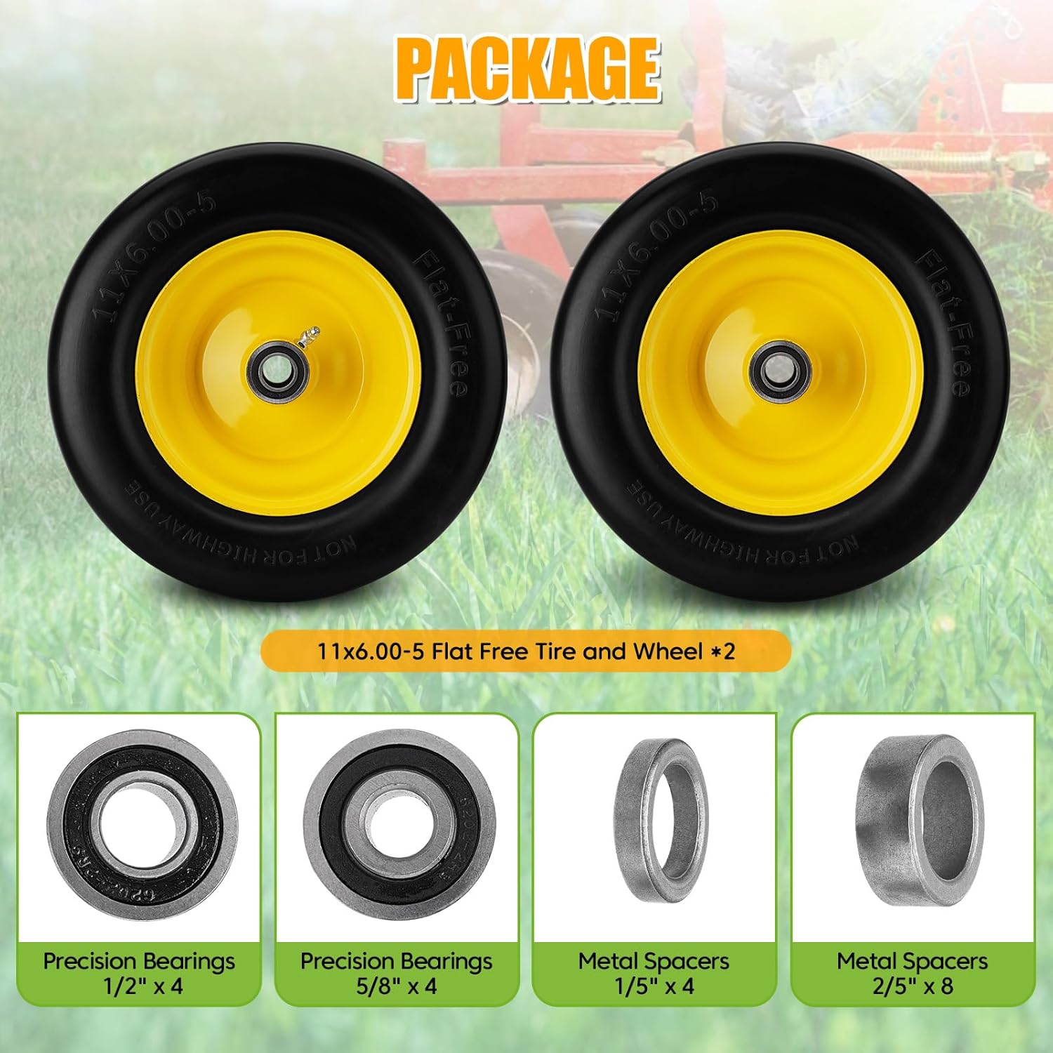 2PCS 11x6.00-5 Flat Free Tire and Wheel with 1/2" & 3/4" & 5/8" Precision Bearings and 5.8"-10.4" Centered Hub, Yellow Front Zero-Turn Smooth Tire Replacement for Riding Lawn Mowers Garden Tractor