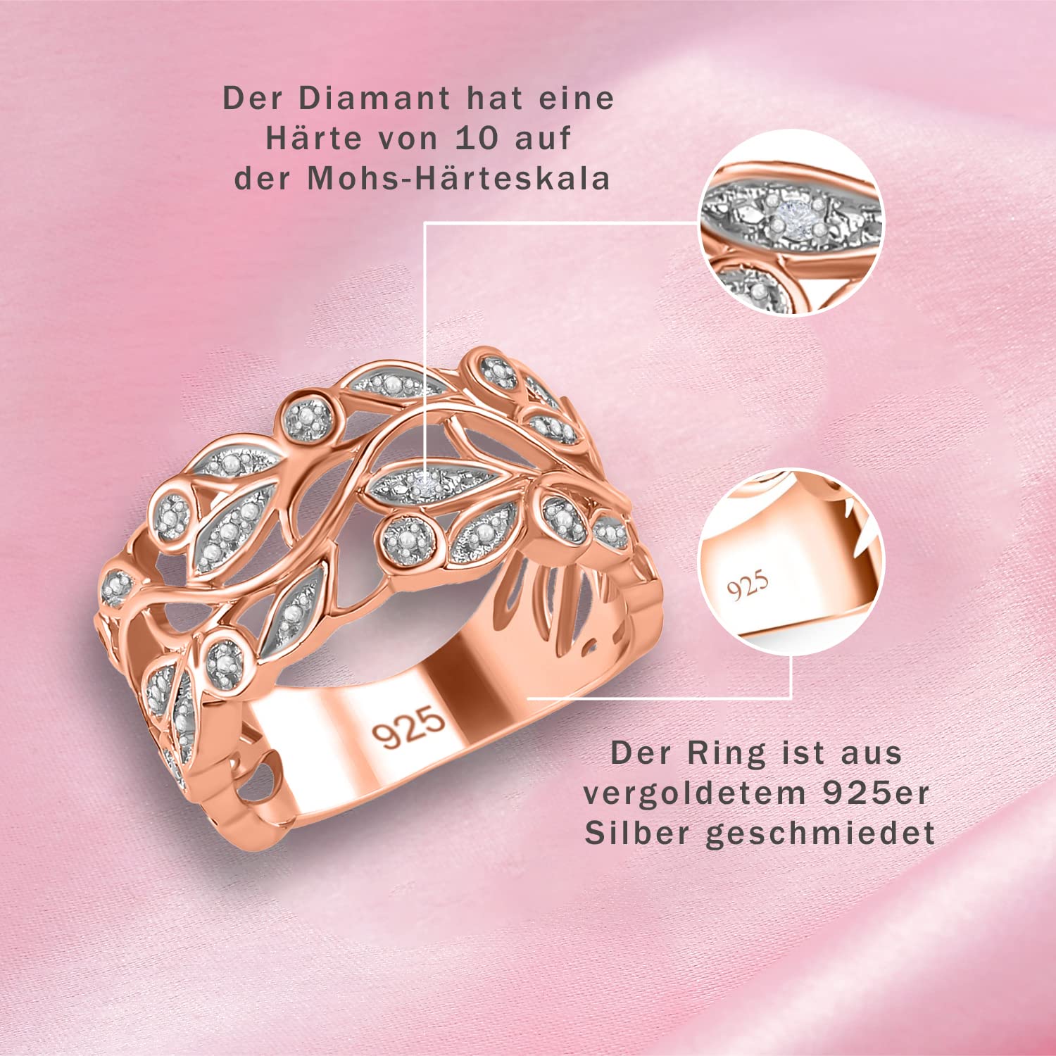 Diamantring im Blattdesign für Damen aus 925er Sterlingsilber, 585 platiniert – Ideal zur Verlobung, zum Jahrestag, zur Hochzeit oder als Geschenk für besondere Anlässe