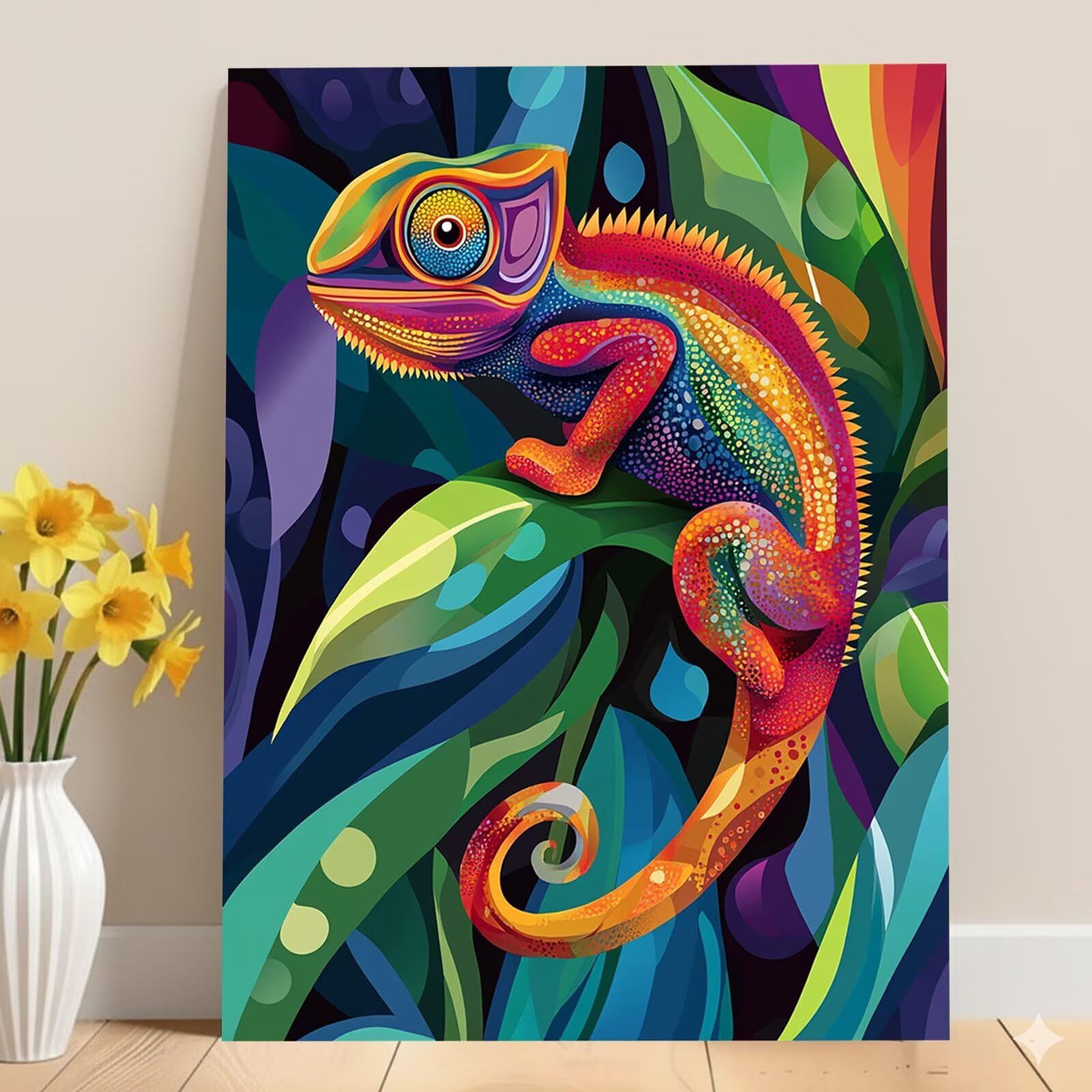 Dipingere con i Numeri Adulti Colorato, Kit di Pittura a Olio su Tela DIY con Pennelli Pittura a Pigmento Acrilico, Paint by Numbers Camaleonte Disegno, Regalo Creativo 70x100cm (Senza Cornice)-#891k