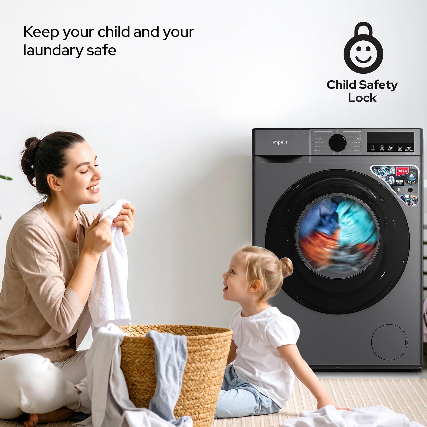 Impex 8 Kg Front Load Washing Machine | 1200 RPM | BLDC Inverter Motor | 11 Wash Programs | 5 Advanced Functions | 52L Drum Volume | LED Display | Child Safety Lock | | Low Noise | Grey | WM0800FS 2026 - view 5