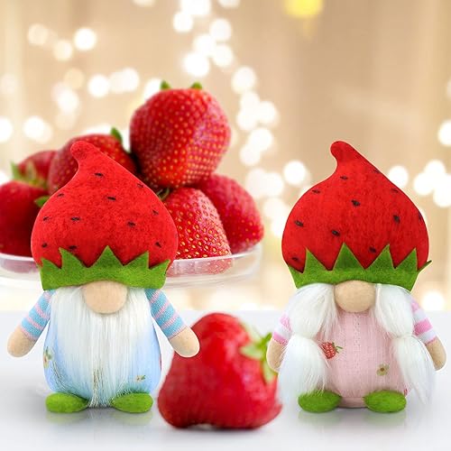 Miniatura 7 de Gehydy Juego de 2 gnomos de primavera, decoración de Pascua, verano, fresa, gnomo de felpa, decoración hecha a mano para el hogar, cocina, bandeja