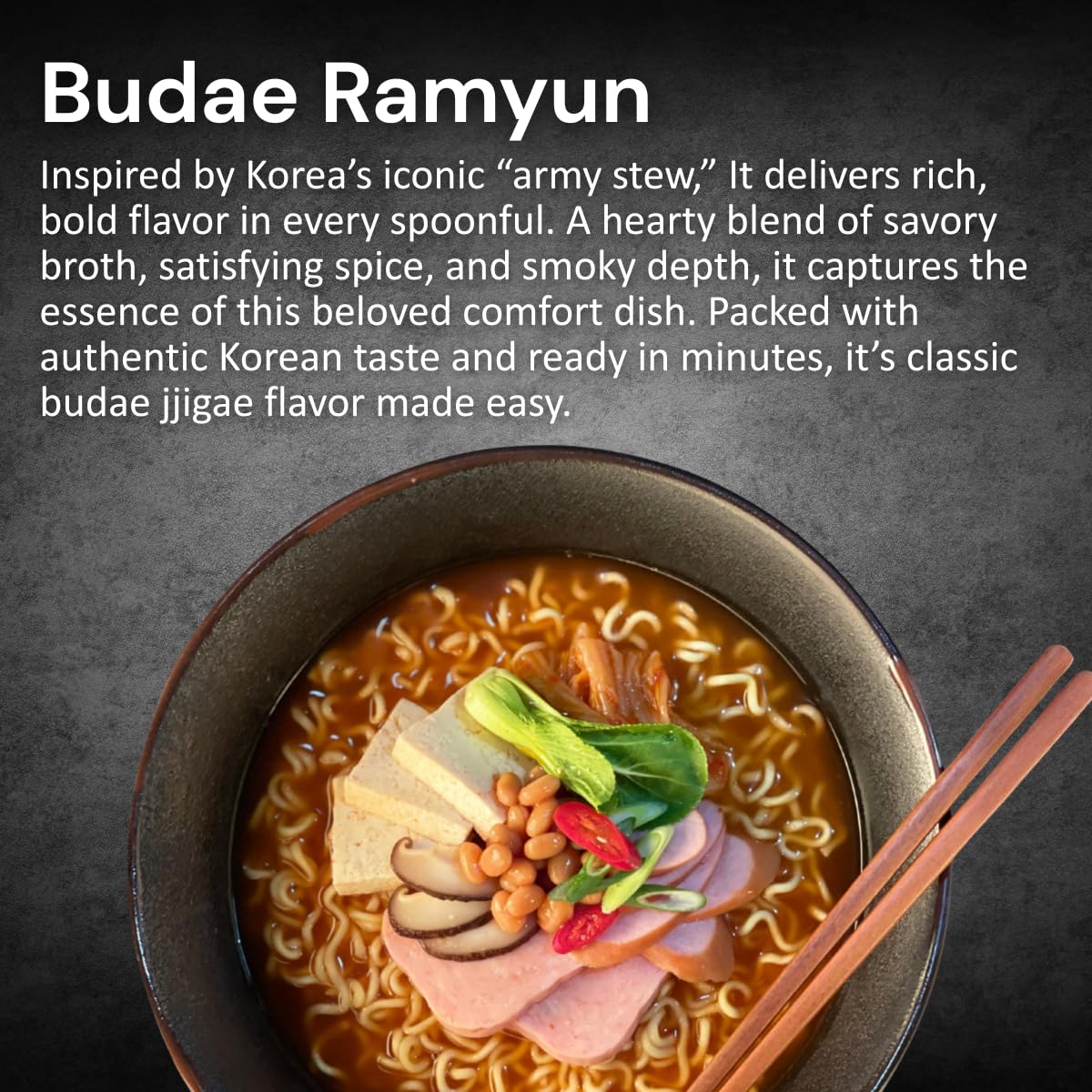 Korean instant ramen with thick noodles and a spicy, savoury broth. The Han Kitchen Pocha Ramyun K-Army Budae Jjigae style noodles, ready in 5 minutes.118 g (Pack of 4)
