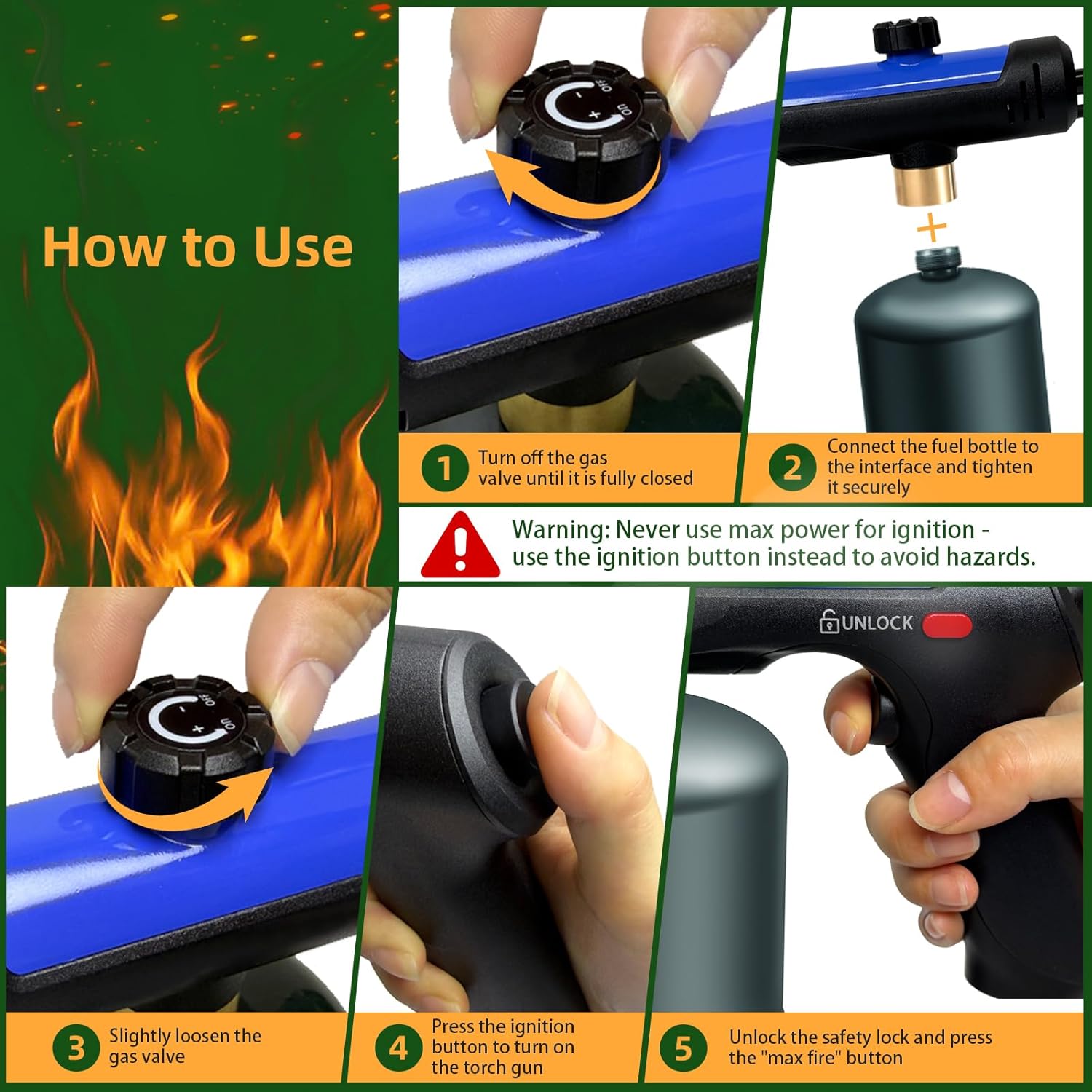 Powerful Propane Torch with One-Touch Max Fire, Adjustable Kitchen Torch with Safety Lock, Flamethrower, Blow Torch Gun for Grill, BBQ, Sous Vide, Campfire Starter (Tank Not Included)