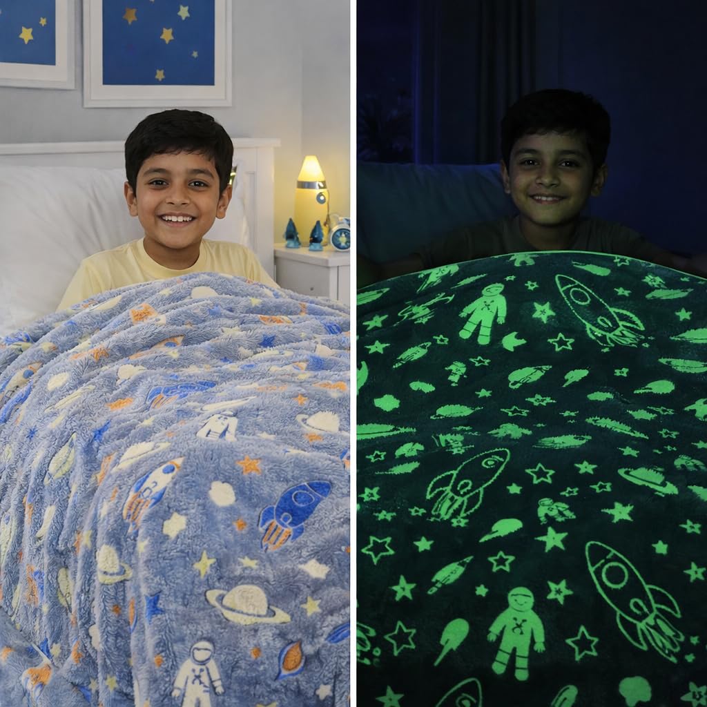 Glow-in-The-Dark Cosmic Grey Astro Space Blanket for Kids–Galaxy Planets & Stars Fleece Throw, Cozy Warm Large150×200 cm Glow Blanket, Winter Bedding Magical Night Gift for Kids 5–12 Years-picture-11