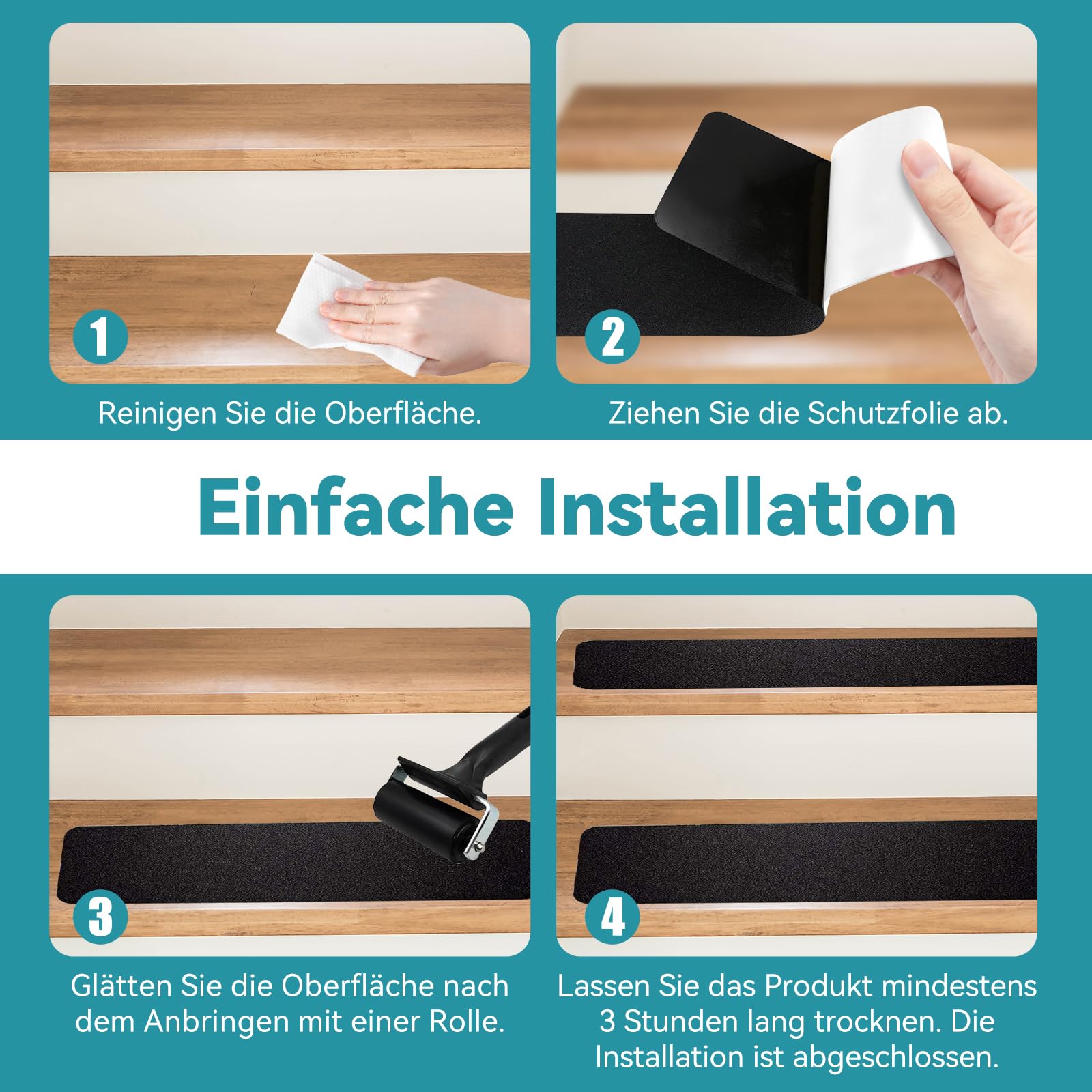 Stufenmatten Selbstklebend Rutschfest (15er Pack) – Anti Rutsch Streifen für Treppen mit Andrückrolle |Wasserfest Grip Tape Treppenstufen Antirutschmatten für Außen & Innen (15cm*60cm)