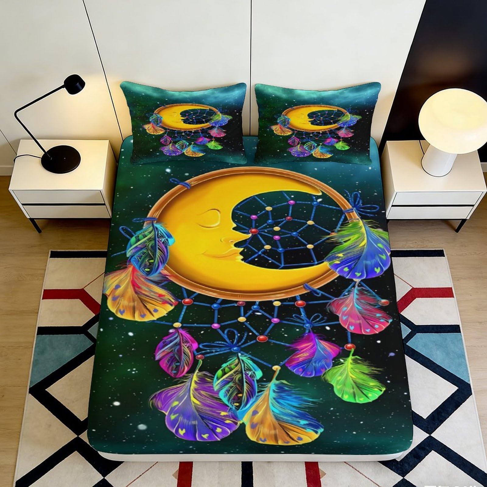 3D Printed Colorful Dreamcatcher Fitted Sheet Microfiber Soft Breathable Abstract Moon Bed Cover for Bedroom Dormitory Guest Room Mattress Protection 120x200x25cm