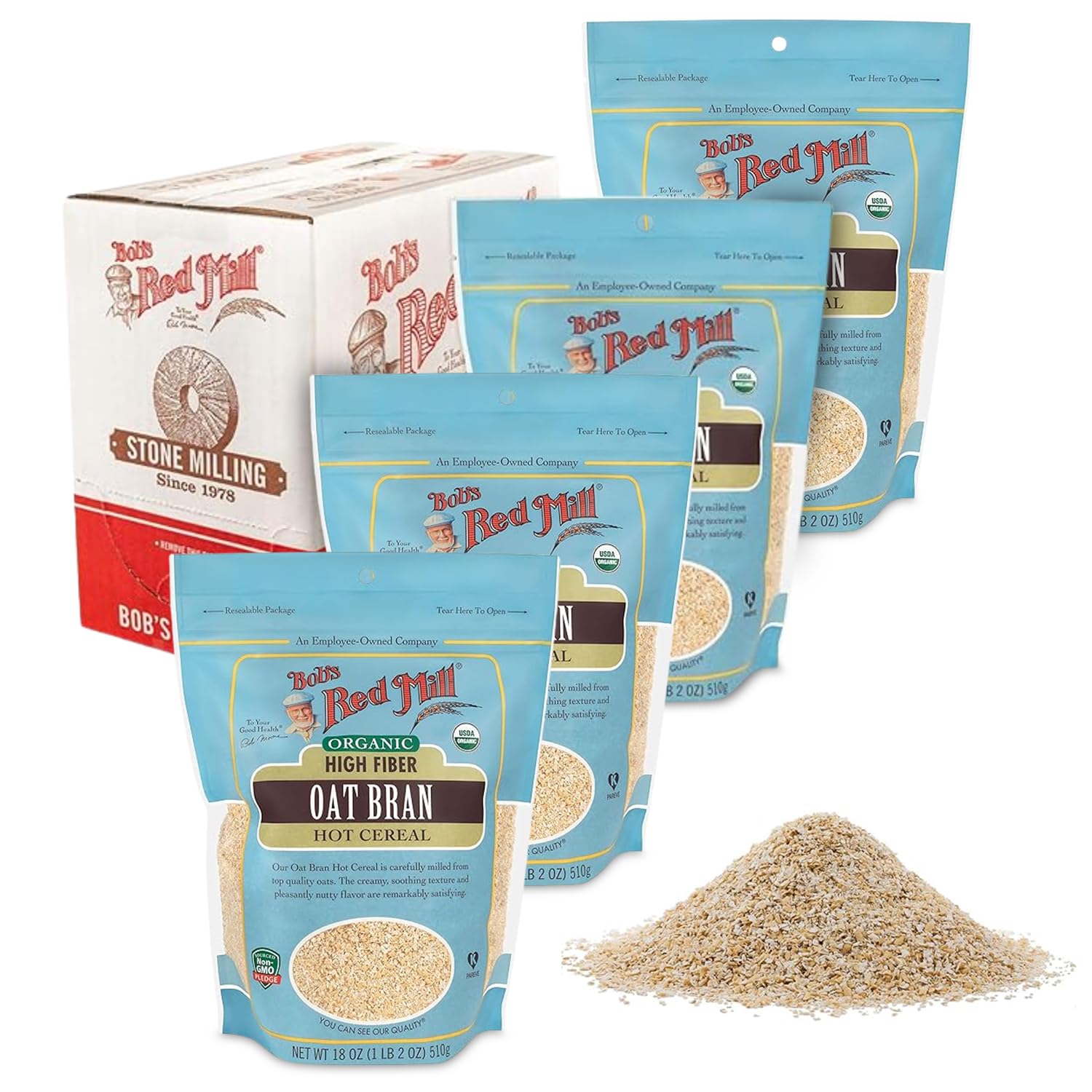 Generic Oat Bran – High-Fiber Oat Bran Hot Cereal – 18oz Organic Oat Bran – Oat Bran Cereal for Breakfast, Porridge – Non-GMO Freshly Milled Oats – 4-Pack – Resealable Bags