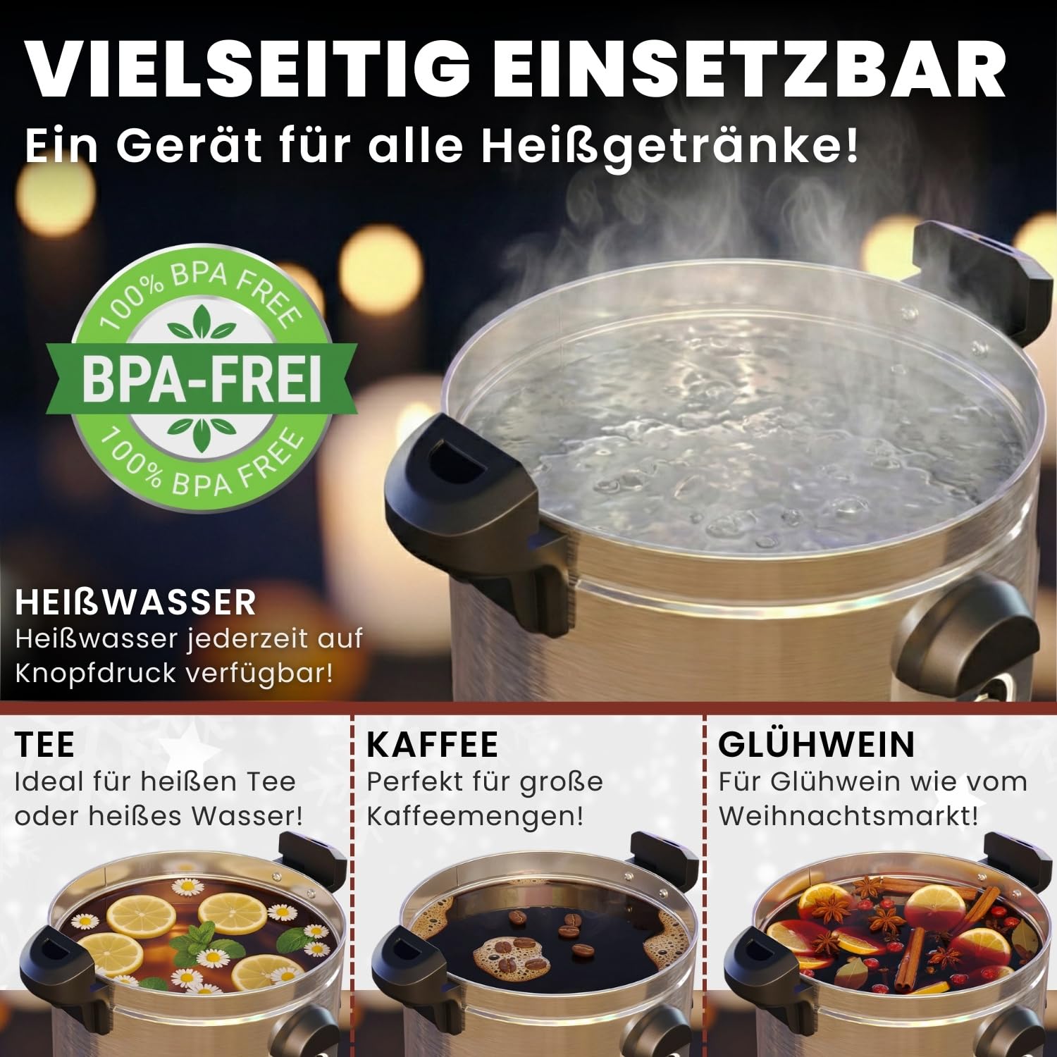 Heimfleiss® Glühweinkocher 10L aus Edelstahl 1500W | Heißwasserspender mit Zapfhahn, Thermostat & Überhitzungsschutz | Heißgetränkeautomat für Glühwein & Punsch | Einkochautomat Glühweintopf mit Hahn