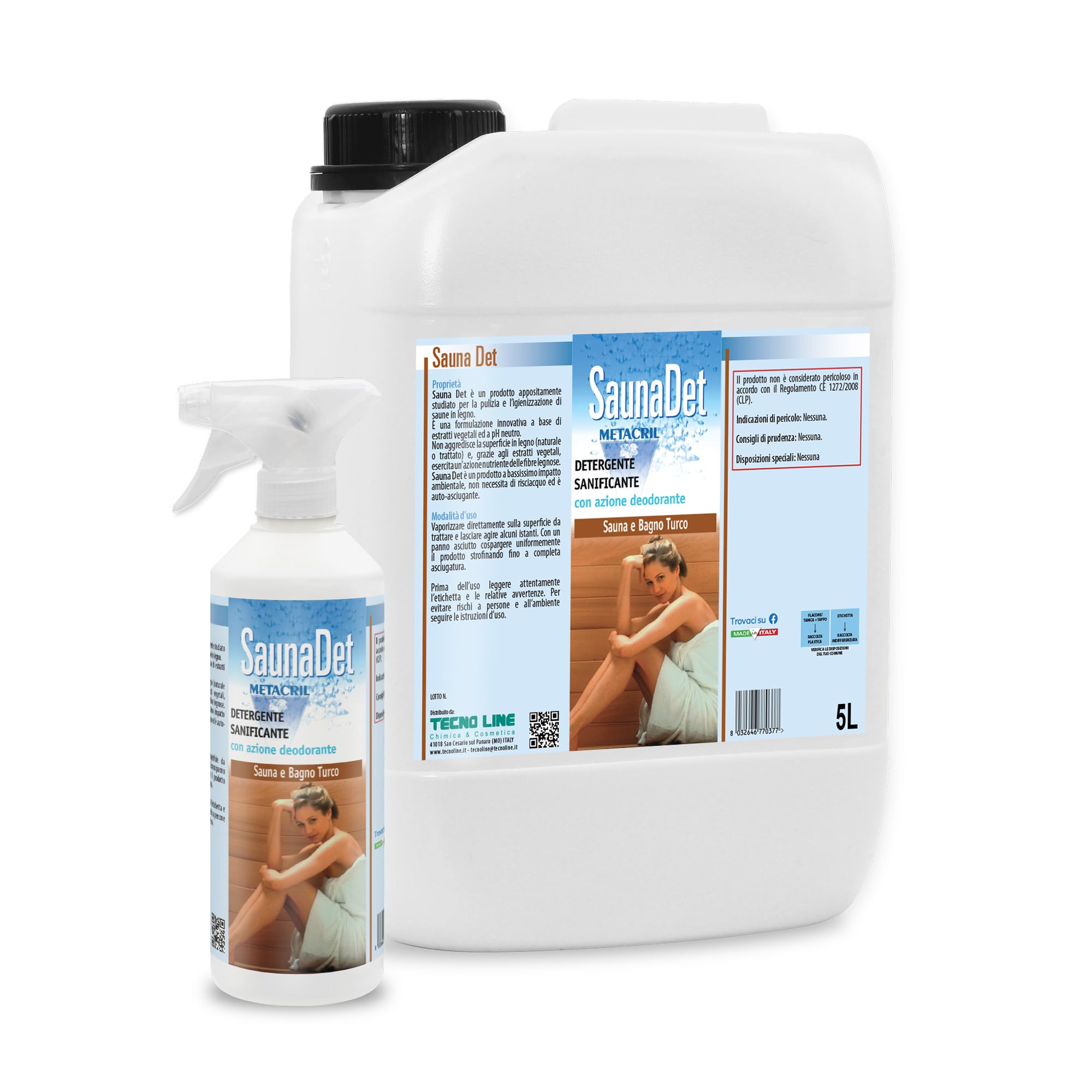 Metacril SaunaDet con Flacone Vaporizzatore, Detergente e Sanificante con Azione Deodorante, a Base di Estratti Vegetali e PH Neutro, per Saune in Legno - 5L
