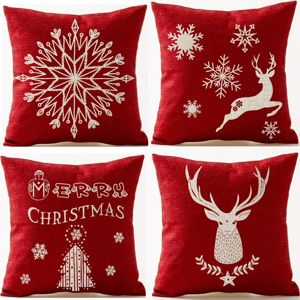 onech Merry Christmas Happy Holiday Snowflake Sika Deer Tree Snowman Pentagram Geometry Best Gift Square Pillowcase Pillow Cover Cushion Cover Cotton Linen Pillow Case 18"X 18" for Family