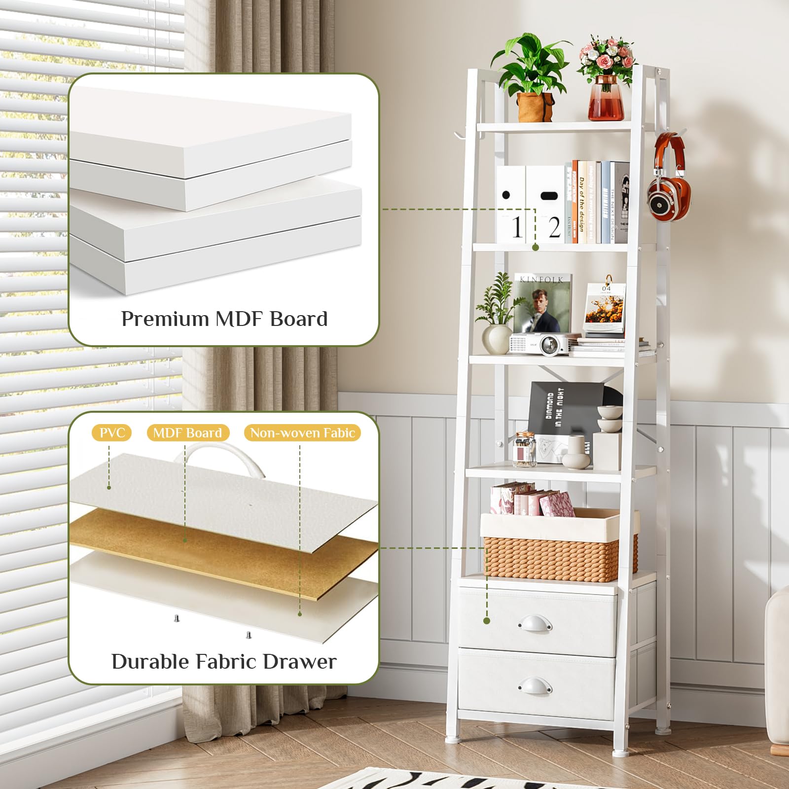Estantería de 5 Niveles Tipo Escalera con 2 Cajones, Librería Estrecha Independiente para Almacenaje y Exhibición, Estilo Industrial, 39×29×161 cm (Blanco)