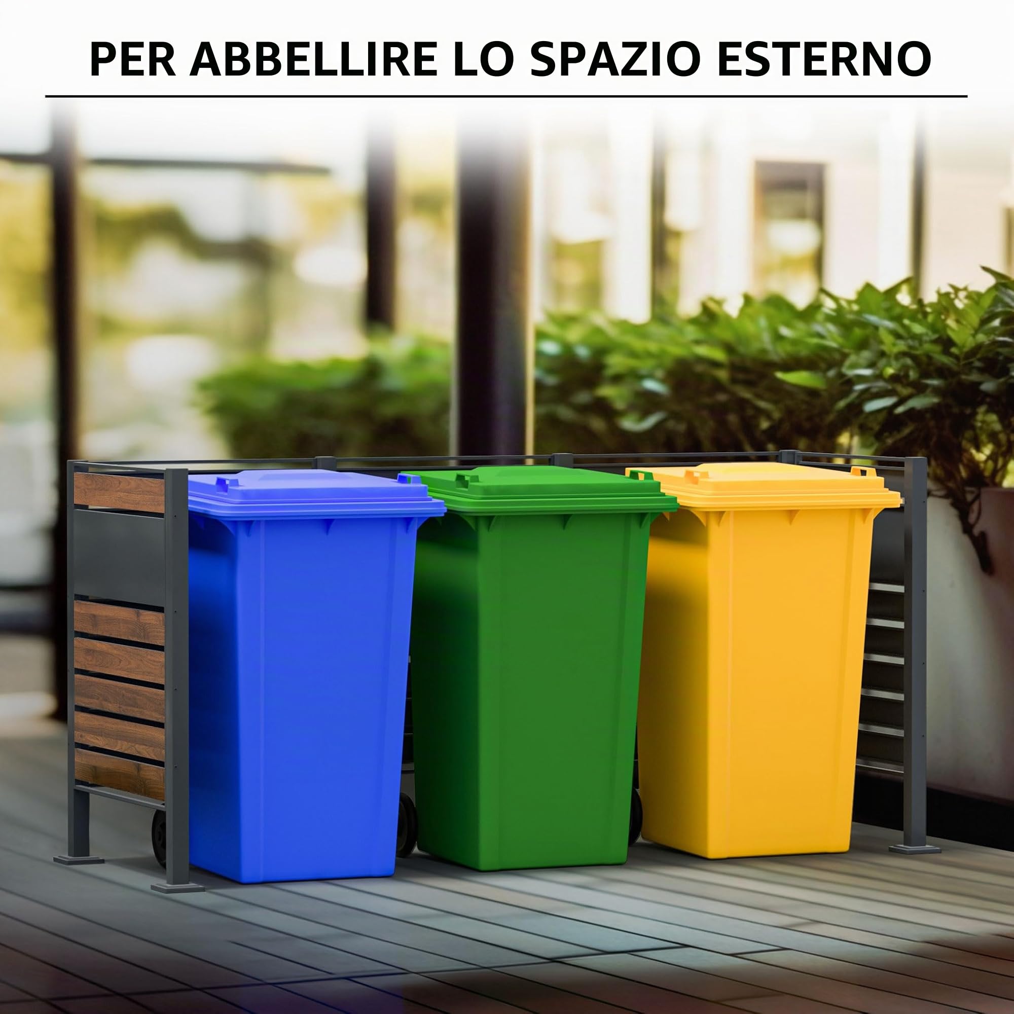 Wiltec Estensione per copri bidoni della spazzatura, copribidone da esterno in acciaio antracite ed effetto legno, porta bidoni, recinto cassonetti