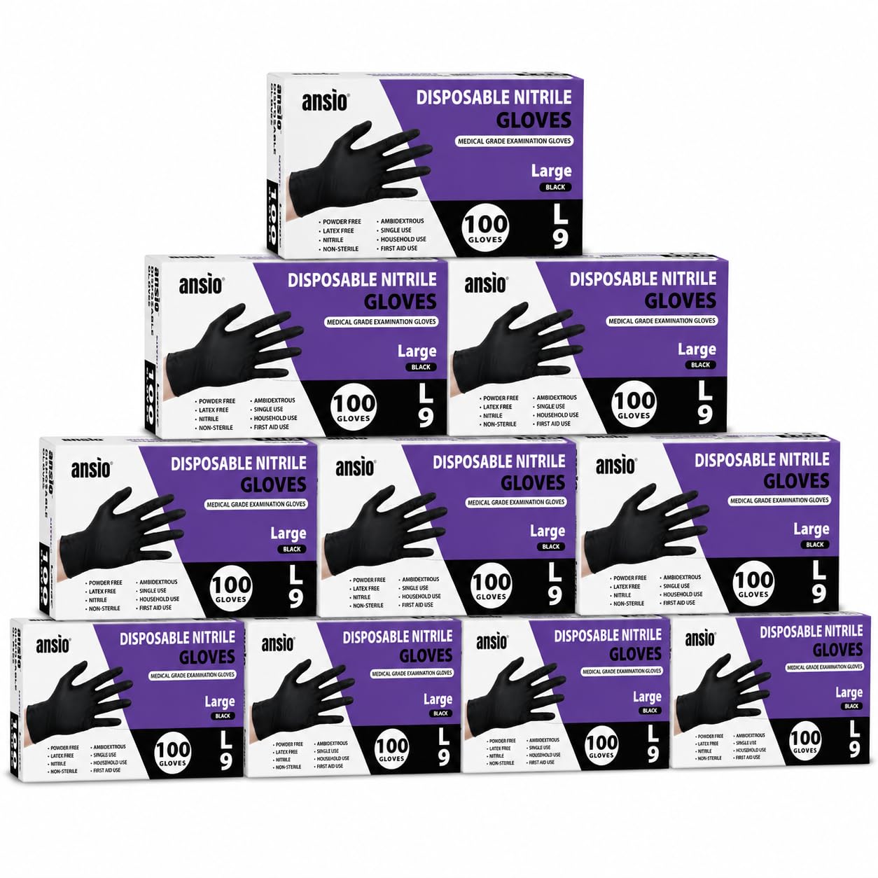 ANSIO Black Nitrile Gloves Large, 1000 Disposable Gloves, Powder Free Latex Free Medical Grade Examination Gloves, Touchscreen Compatible Food Safe Gloves for Cleaning, Food Prep, Hair Dye & DIY
