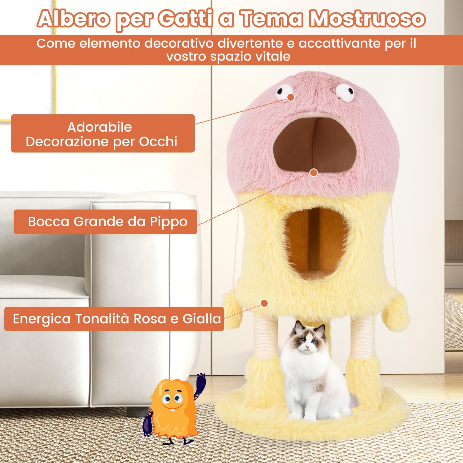 COSTWAY Tiragraffi per Gatti 93 cm, Torre di Gatti a Tema Mostro, Piuma Morbida e Lunga, Palo per Graffio in Sisal e Giocattoli Pendenti, Centro Attività per Gattini a 3 Livelli
