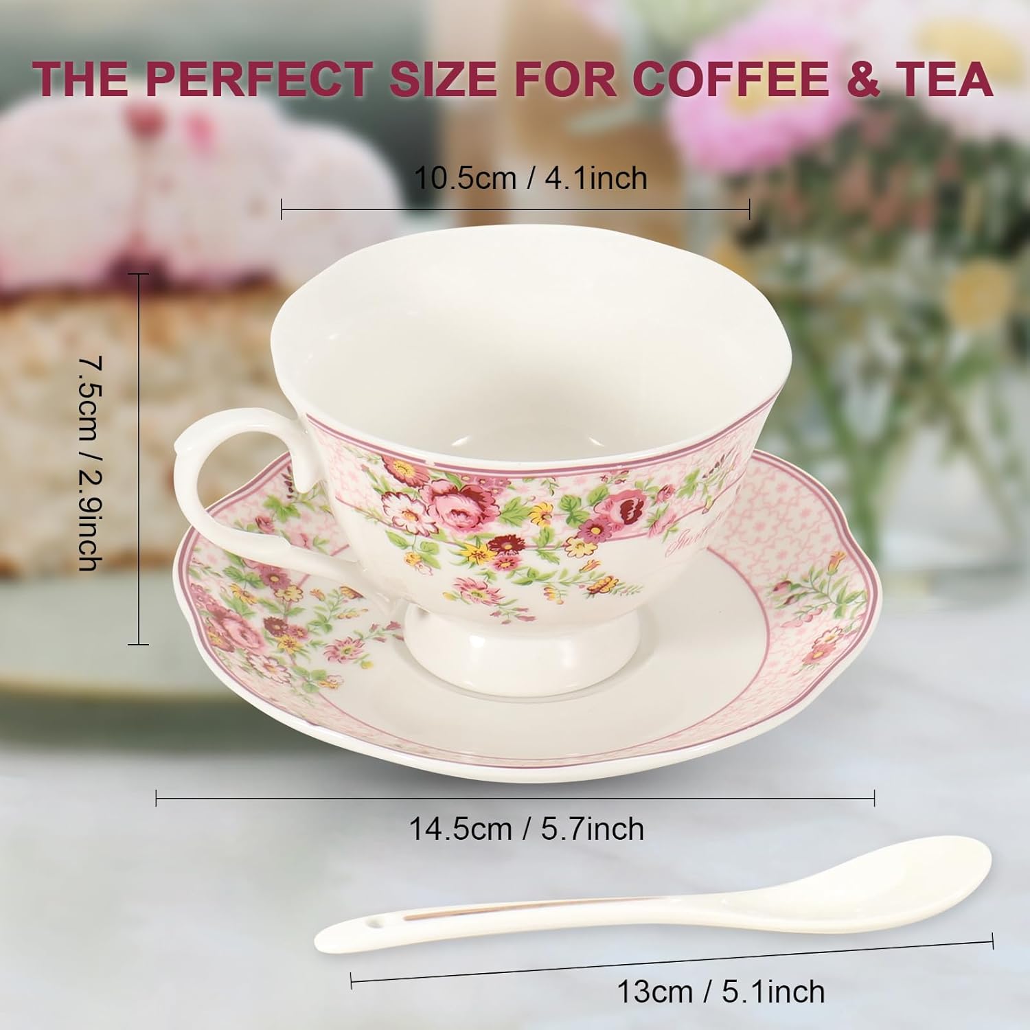 Cup and Saucer Sets of 6 with Spoon, 8oz Ceramic Tea Cups Saucers Set Porcelain New Bone China Floral Vintage Coffee Cup & Saucer Sets -Microwave Dishwasher Safe (Pink)