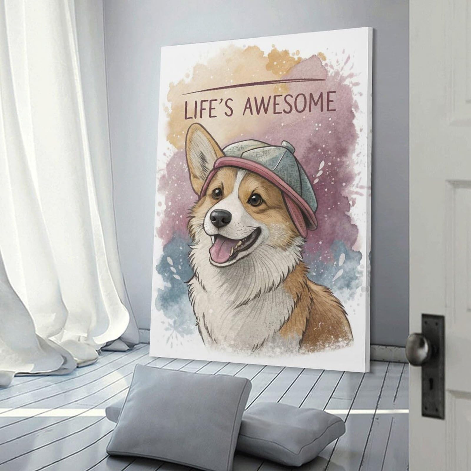 Junmoney Wall Picture Print Corgi Wearing A Hat, 20x30inch(50x75cm), for Living Room, Lounge Or Sitting Room, Modern Wall Decor for Cosy Interiors