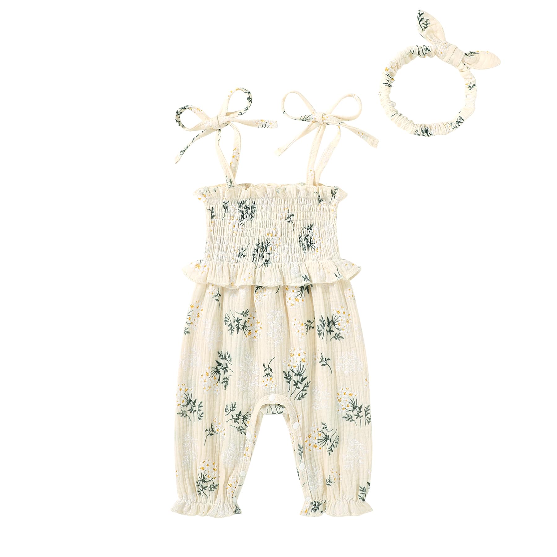 YOUNGER TREE Newborn Baby Girl Clothes Summer Sleeveless Smocked Romper with Headband Toddler Jumpsuit Outfits