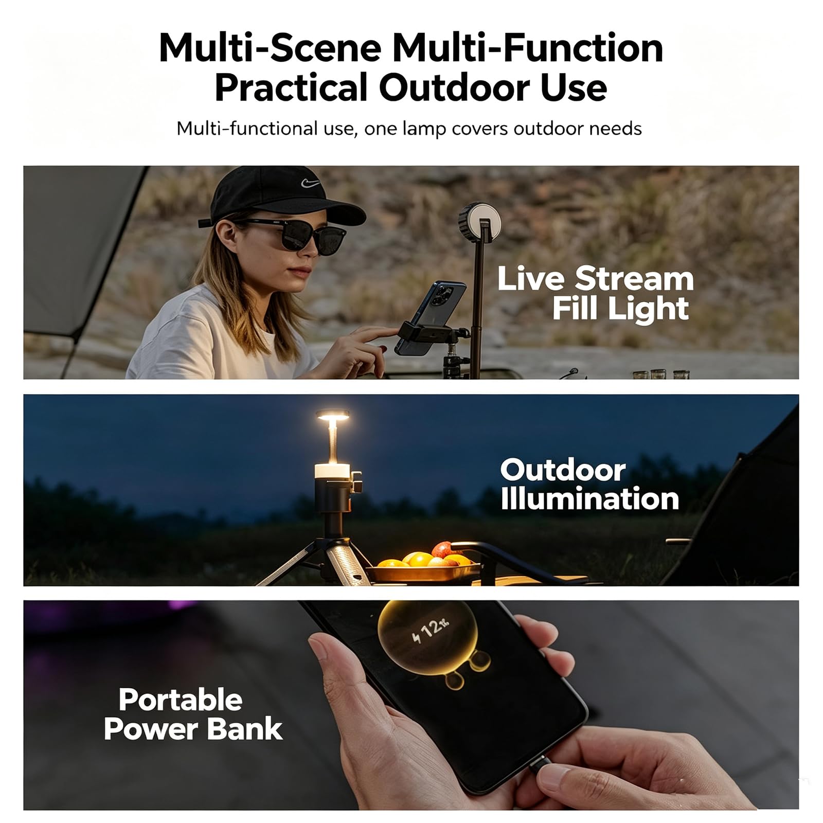 Lampe de camping à trépied télescopique avec télécommande, 5 luminosités
