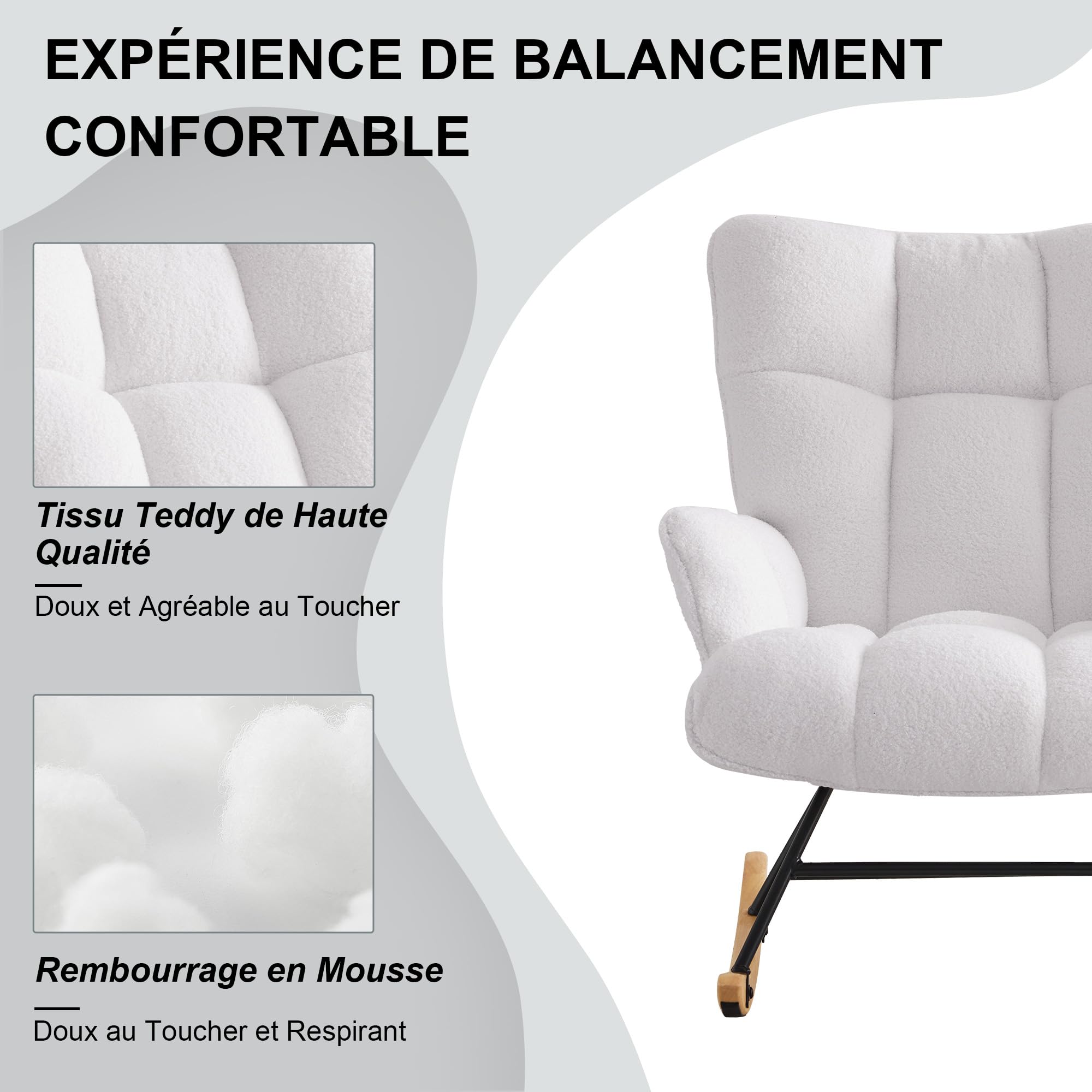 Fauteuil à Bascule, Tissu Teddy Peluche, Pieds en Bois d'Hévéa, Chaise d'Accent pour Nourrisserie, Salon, Chambre, Bureau(Blanc Teddy)