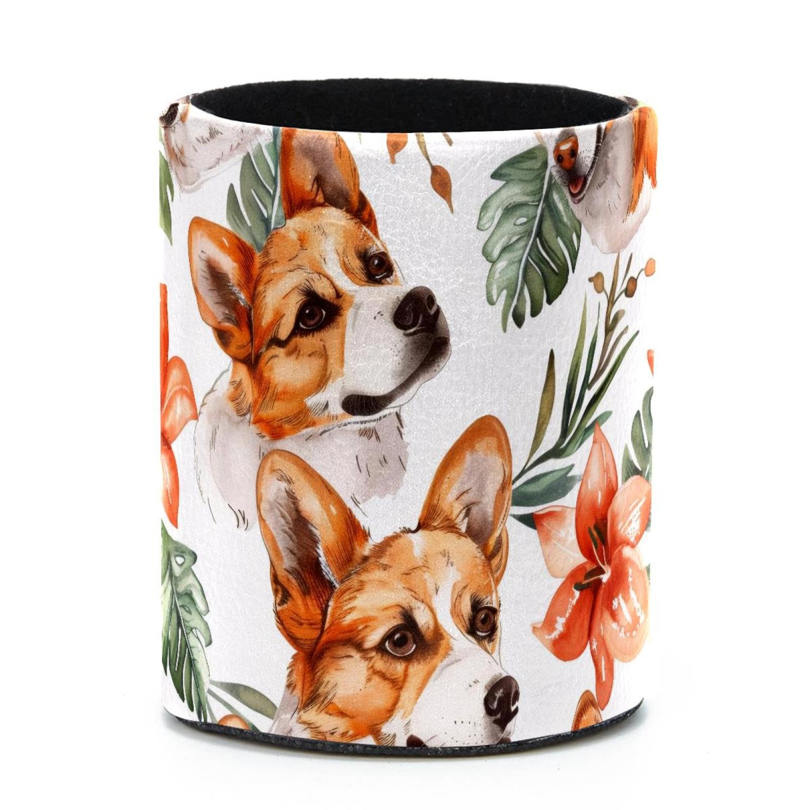 VAPOKF Round Pencil Holders for Desk, Corgi Leaves Pen Holders Pen Pot Makeup Brushes Storage Desktop Stationery Supplies Organiser for Home Office