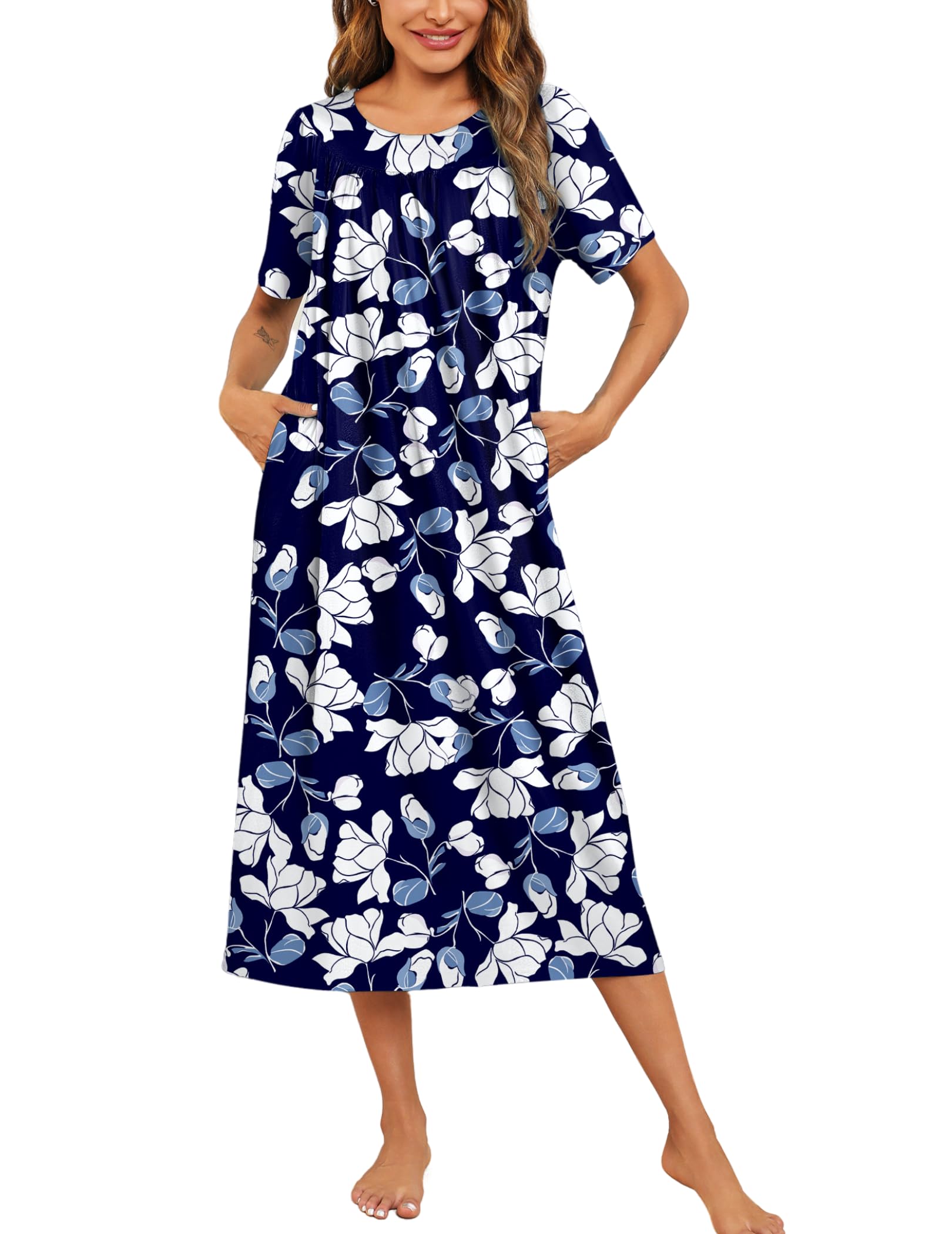 Ekouaer Women's House Dress with Pockets Long Nightgowns for Women House Dress Pleated Front Moo Moos for Women S-XXXL