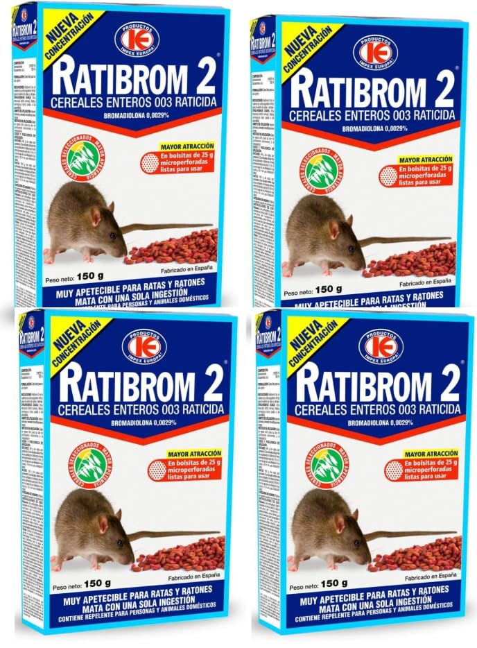 Pack 4 Unidades Ratibrom 2 Cereales 150g   Impex. Raticida para Ratas y Ratones Muy apetecible. Eficaz con una Ingesta. Mayor atraccion. Listo para Usar.