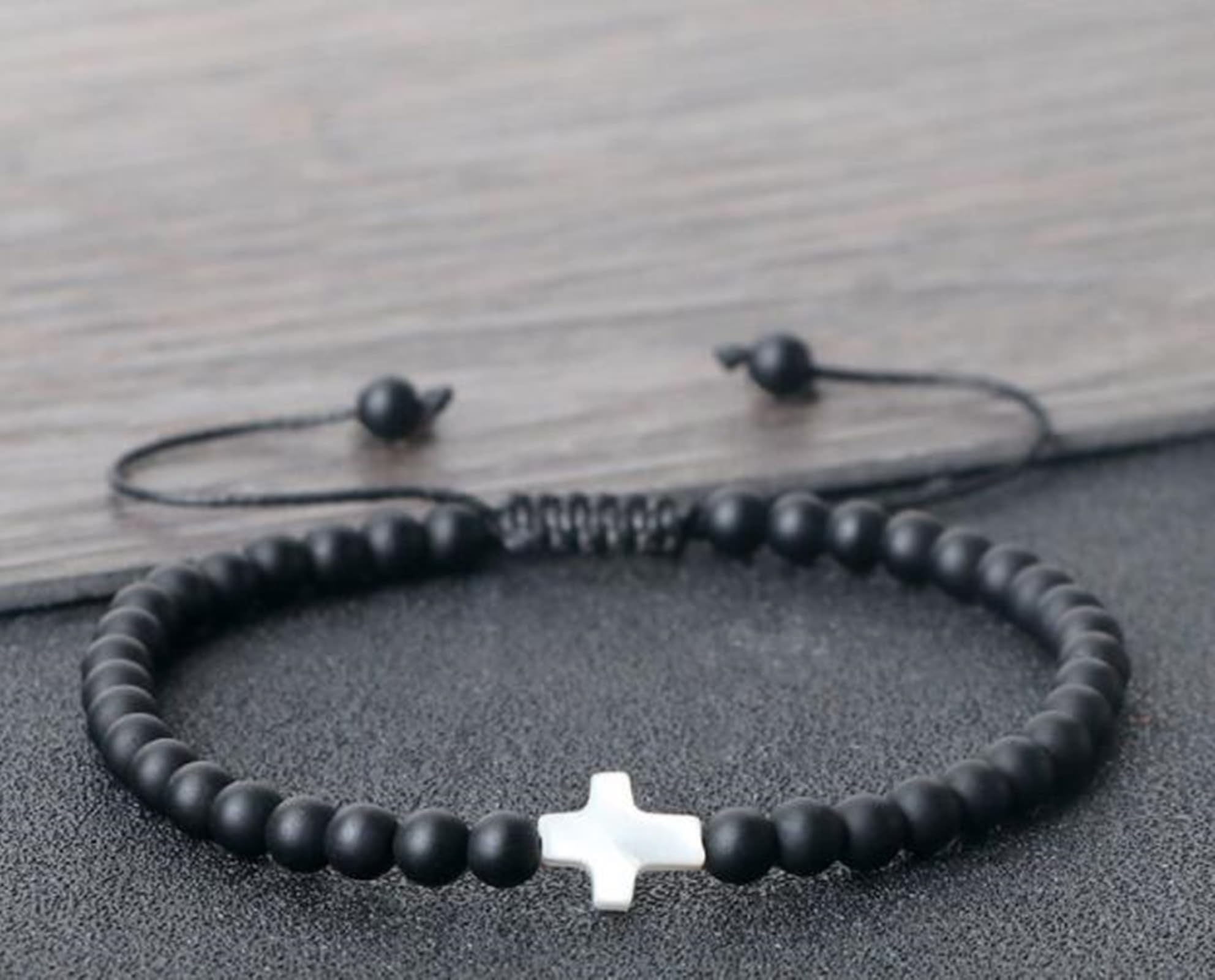 Kristall-Armbänder für Herren, Natursteine, Kreuz, Opal, weiße runde Perlen, verstellbar, geflochten, elastisch, 17 cm x 7 mm, 1 Stück für Hochzeit