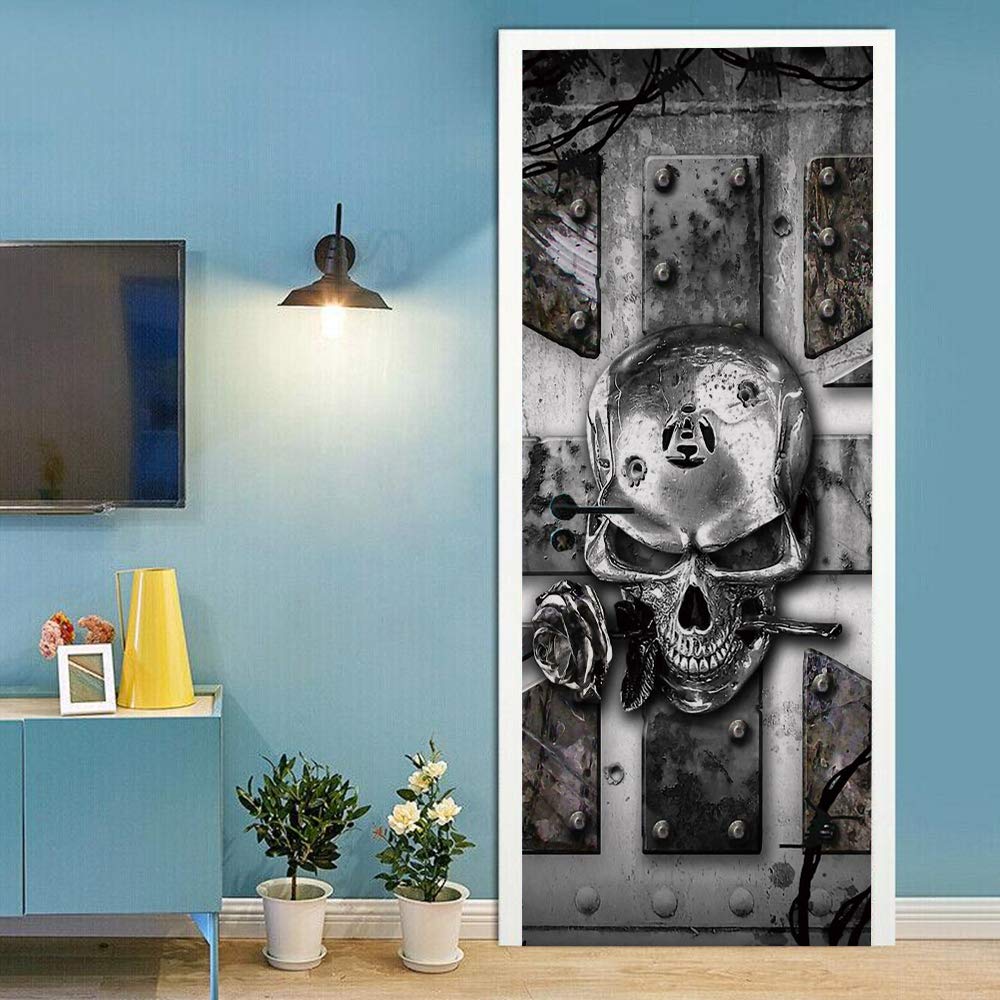 Sticker de porte crâne style industriel 88x200cm papier peint de rénovation intérieure