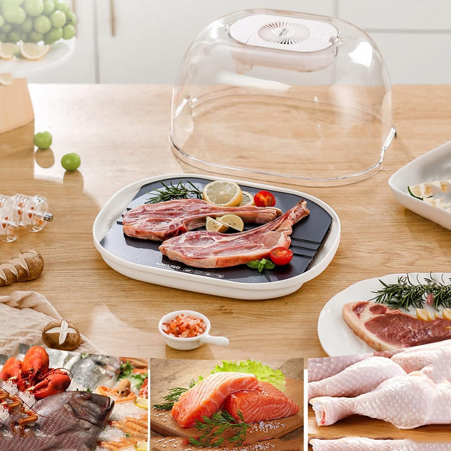 Sbrinatore elettrico per carne, circolazione dell'aria a 360° per uno scongelamento rapido e uniforme, vassoio di grande capacità con cestello antigoccia e coperchio per carne, pesce, verdure