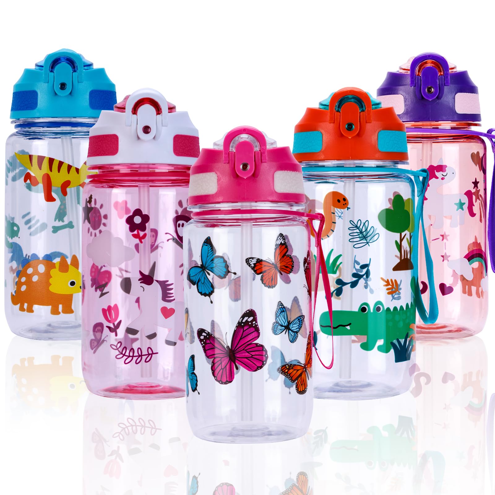 SUPPRUI Water Bottles with Straw & Handle,600ml Drinks Bottle for School,Leakproof water Bottle BPA free Sport Bottles (Pink - Butterfly)