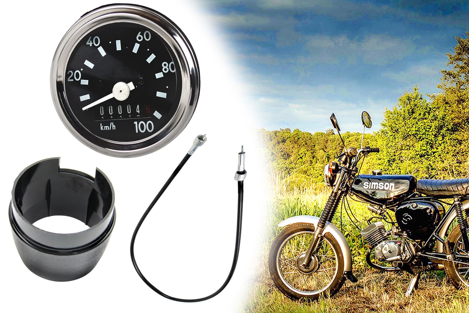 Tacho Set 100km/h Ø 60mm Chromring Blinkkontrolle Tachowelle 800mm Tachohülle für Simson S50 S51 S53 S70 S83