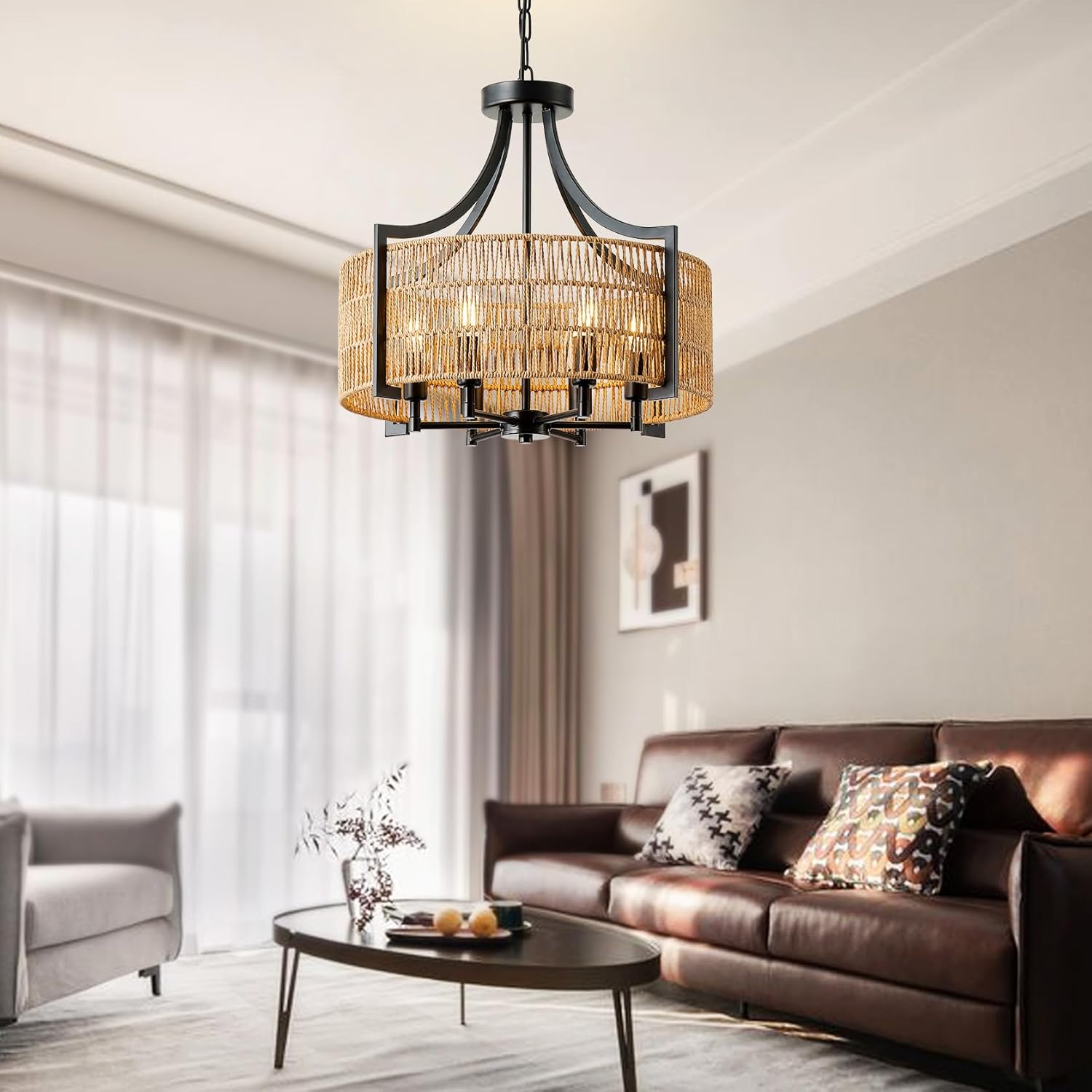 20" Large Rattan Chandeliers Ceiling Light Fixture, 6-Light Boho Rattan Hand-Woven Farmhouse Pendant Light Fixture Adjustable Suit for Dining Room Hallway Kitchen Island(Brown)