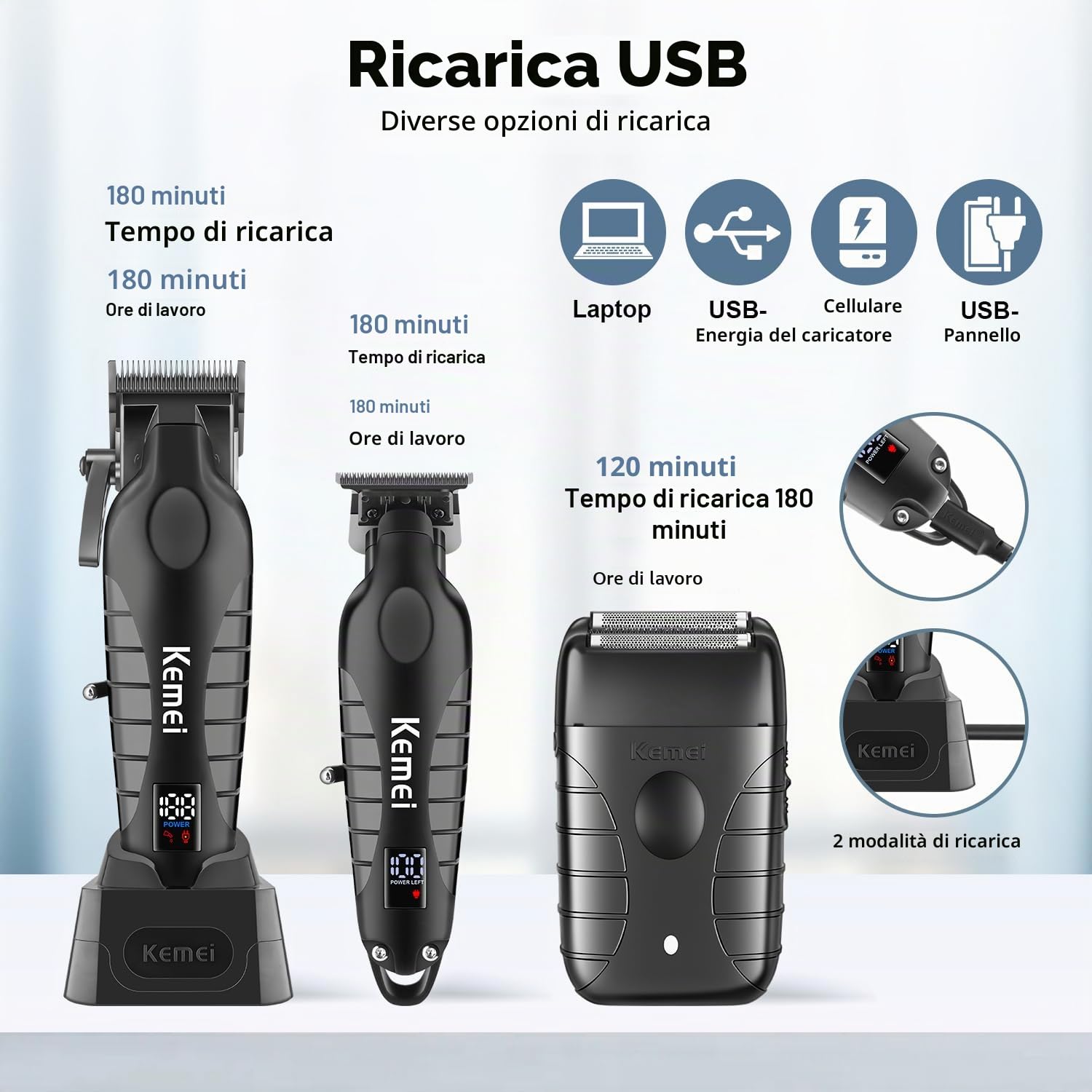 KEMEI Tagliacapelli professionale da uomo, senza fili, elettrico, lame a T, kit da rasoio, ricaricabile tramite USB, con 9 pettini di guida