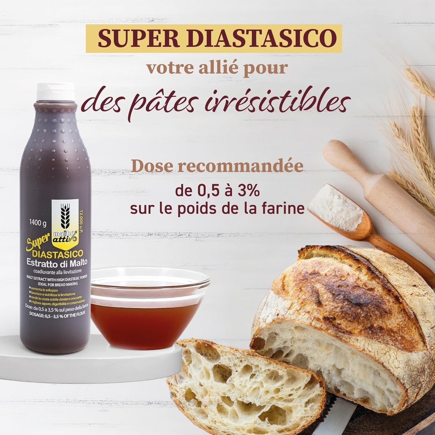 Malto Attivo, Super Diastasico 1400g, Extrait de Malt à Haut Pouvoir Diastasique, Malt d'Orge et Mais idèal pour la Panification, 12.000 Unitées Pollak, Fabriqué en Italie