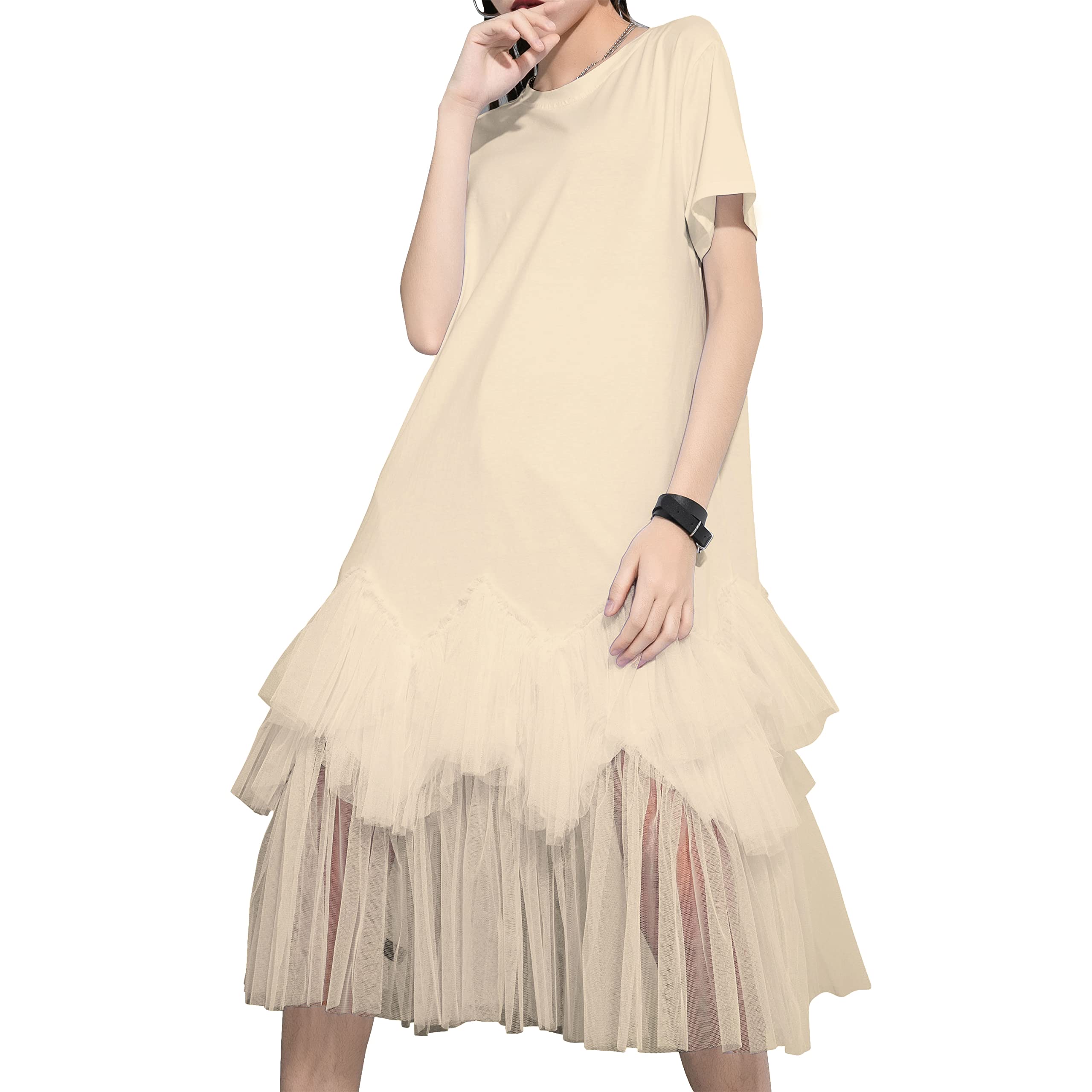 ellazhu Damen Kurzarm Casual Rundhals Patchwork Sommerkleid Tüll Kleid Oversized T-Shirt Kleid GY2266