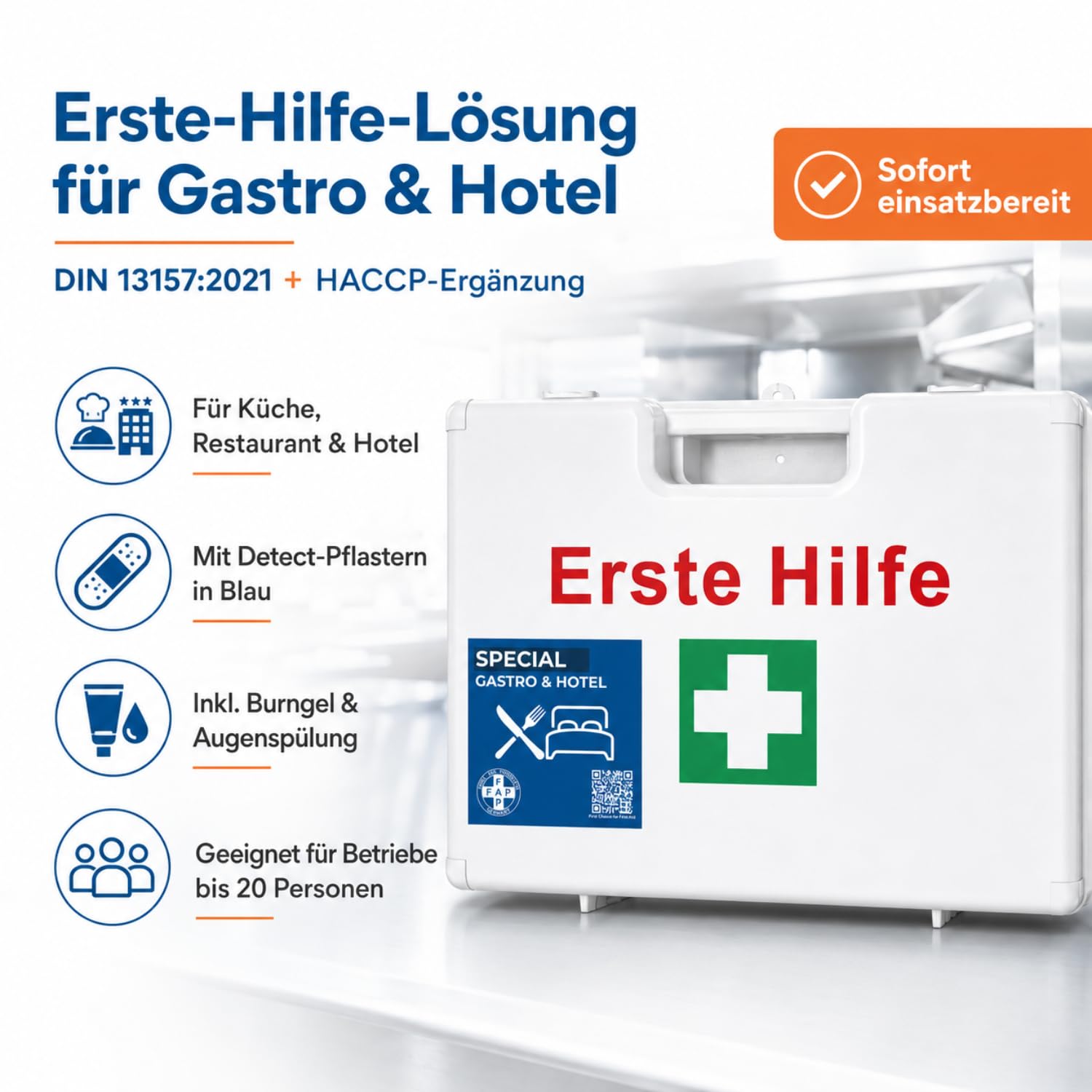 First Aid Products Erste-Hilfe-Koffer Gastronomie Hotel DIN 13157 gefüllt - Weiß | Detect-Pflaster HACCP & Burngel | Gastro Küche Restaurant, Betriebsverbandkasten Wandhalterung - 33×42×15 cm