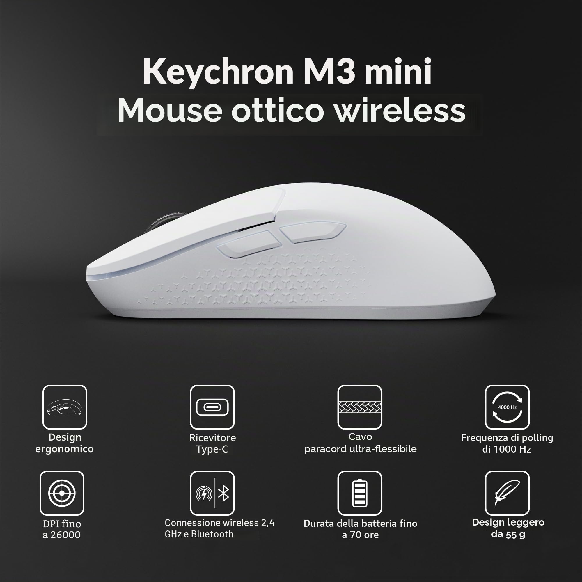 Keychron M3 Mini Mouse Ottico Senza Fili Bluetooth 5.1/2.4 Ghz/Wired Gaming Mouse, Sensore PixArt 3395 Programmabile fino a 26.000 DPI/650 IPS, Leggero Ergonomico per Windows Mac Linux - Bianco
