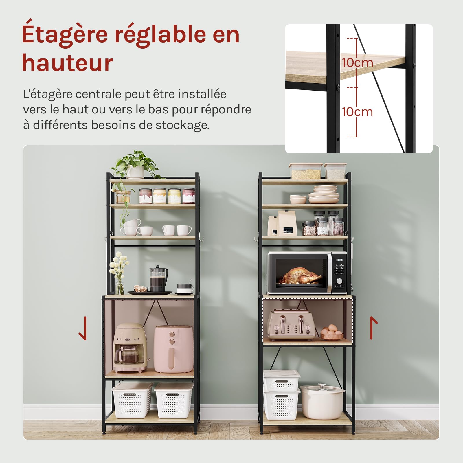 WOLTU Étagère Cuisine avec 6 Étagères de Rangement, Support Micro-Ondes avec 6 Crochets, Cadre en Métal, Bois d'Ingénierie, 60x40x167cm, Chêne Clair+Noir