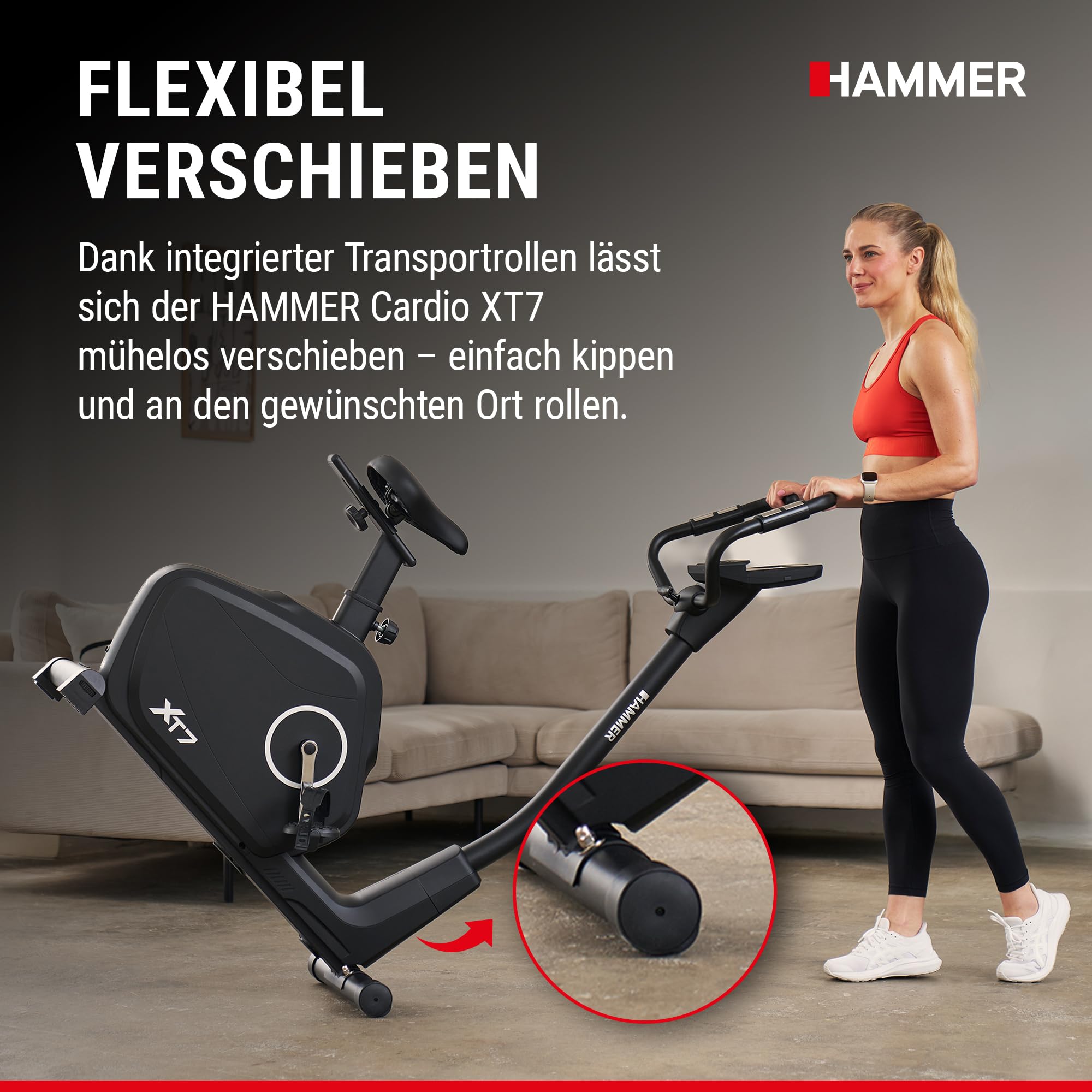 HAMMER Ergometer Cardio XT7 – leiser Heimtrainer für Zuhause mit tiefem Einstieg, App Kompatibel mit Kinomap, 8 kg Schwungmassensystem, 24 Programme, Hometrainer Fahrrad bis 130 kg