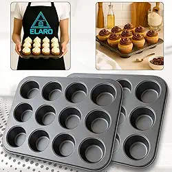 ELARO Kit 2 Formas Antiaderente Para Cupcake 12 Cavidades Muffin Kit Assadeira Antiaderente Teflon 12 Furos Pão De Queijo Mini Bolo Empada Bolinhos Formas De Assar Para Forno Cor Preto