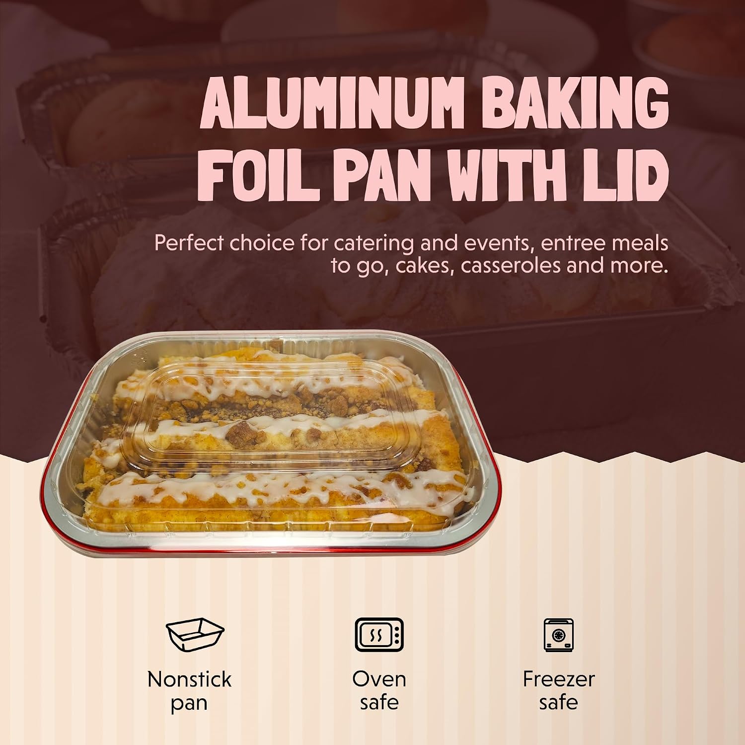 KitchenDance Disposable Aluminum Colored Baking Entree Nonstick Foil Pan Set with Lid - 8 x 5 Inches Heavy Rectangular Aluminum Cake Pans Perfect for Cakes and Casseroles, #A67P (10 Pack, Red)